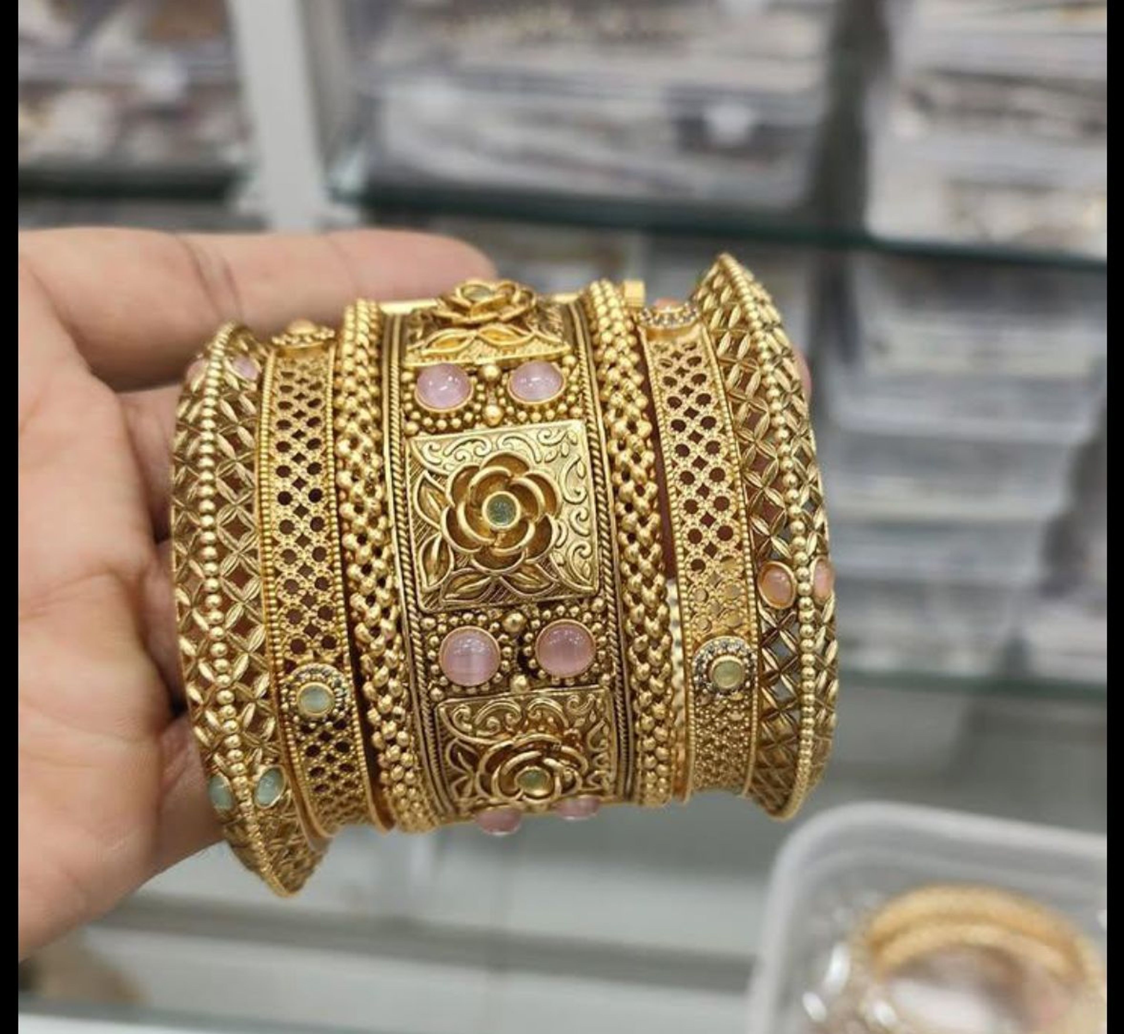 Floral Pink Stone Antique Bangle Set (Size 2.6)