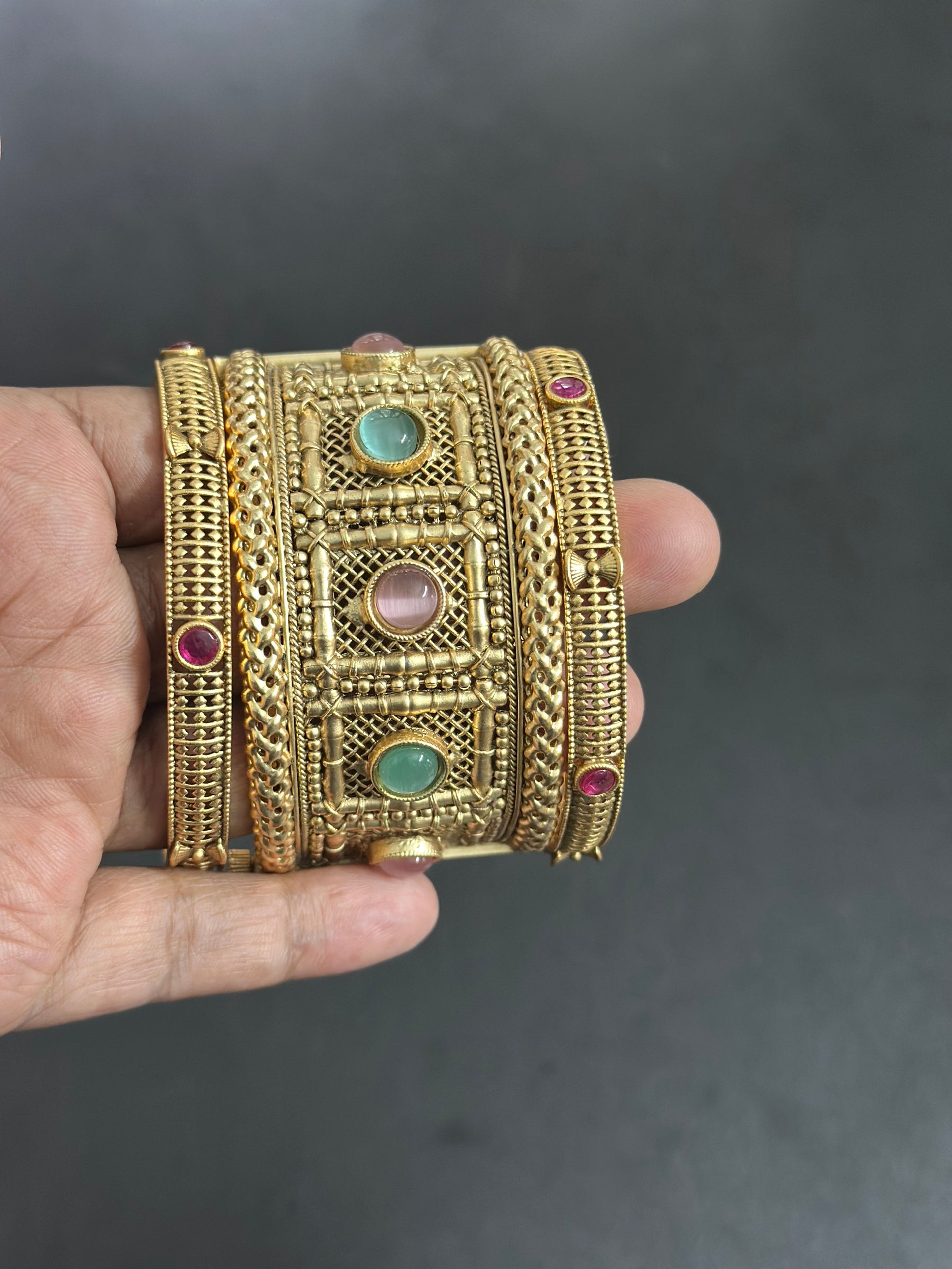 Pink Green Stone Antique Bangle Set (Size 2.6)