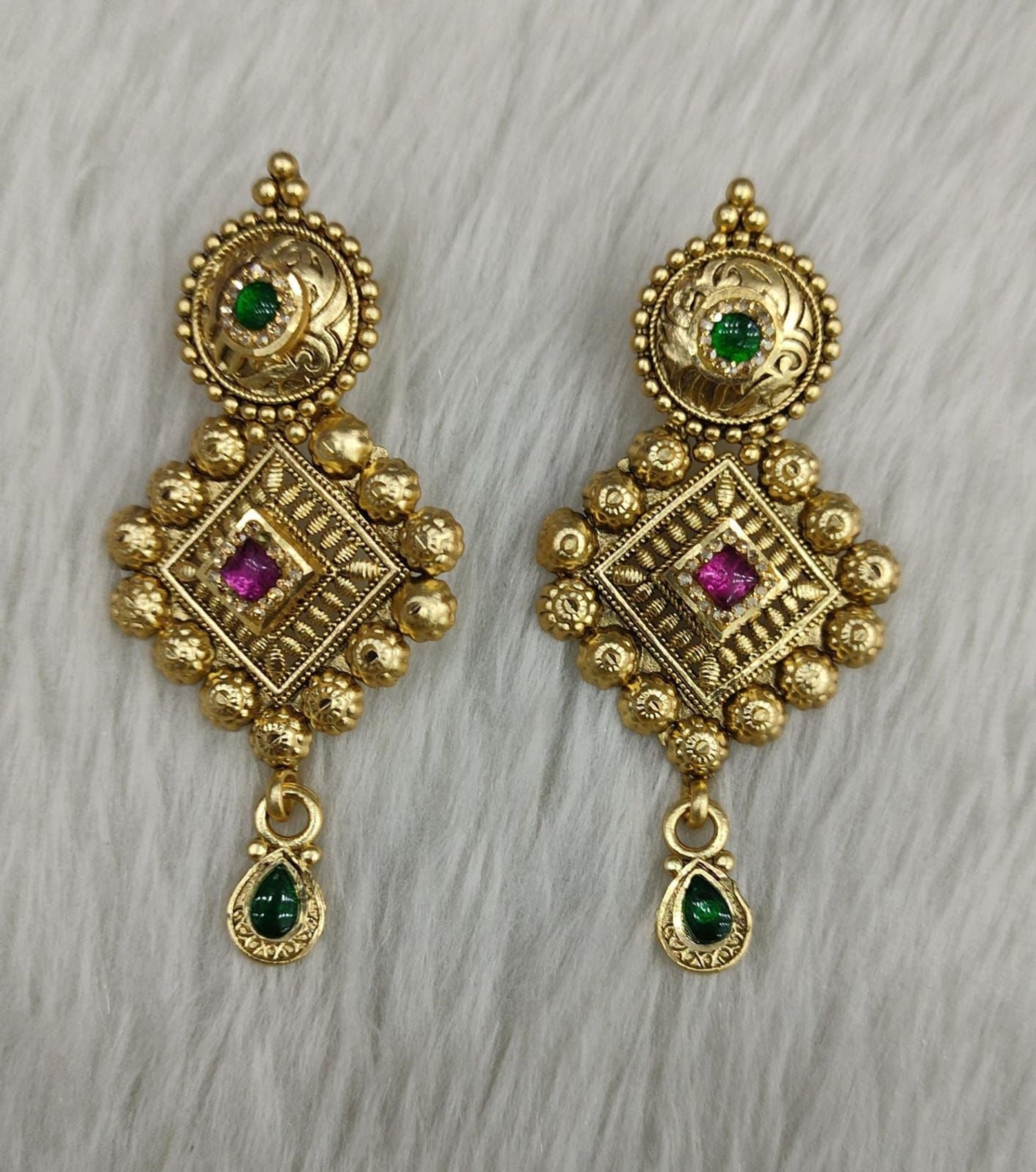 Antique Geometric Pink and Green Stone Earrings