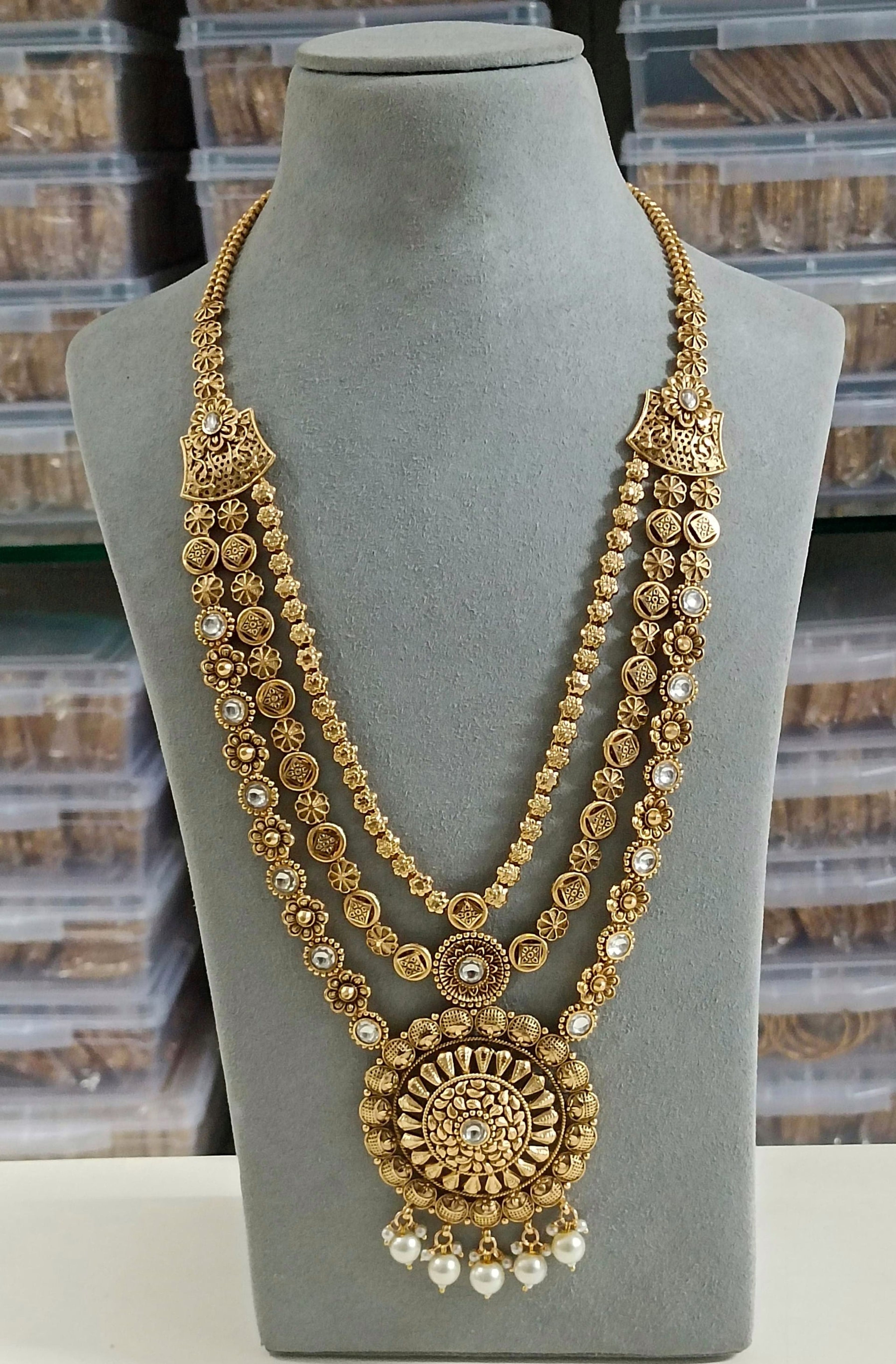 Antique Floral Layered Necklace with Pearl Drops