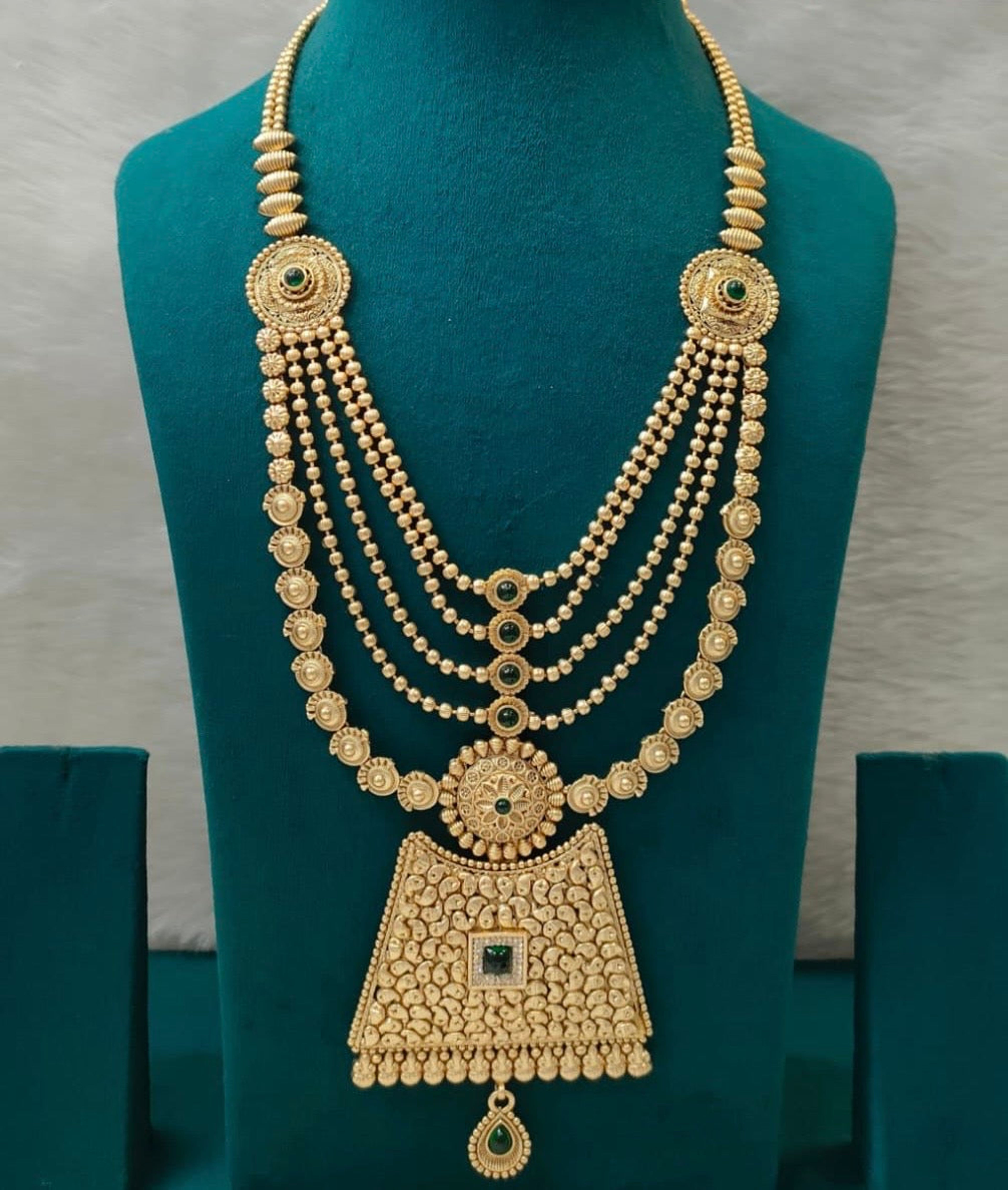 Antique Green Stone Layered Long Necklace