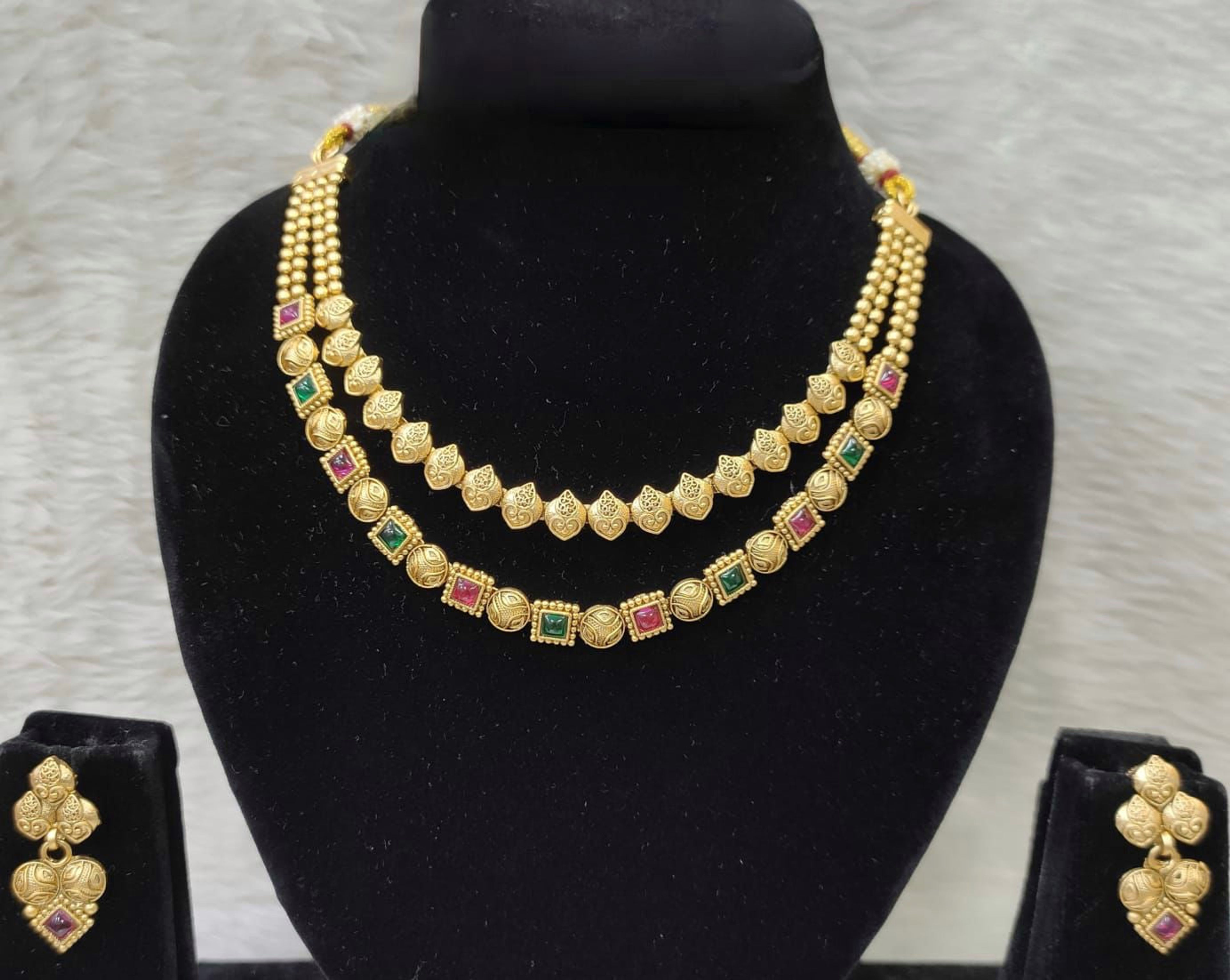 Antique Red Green Stone Layered Necklace