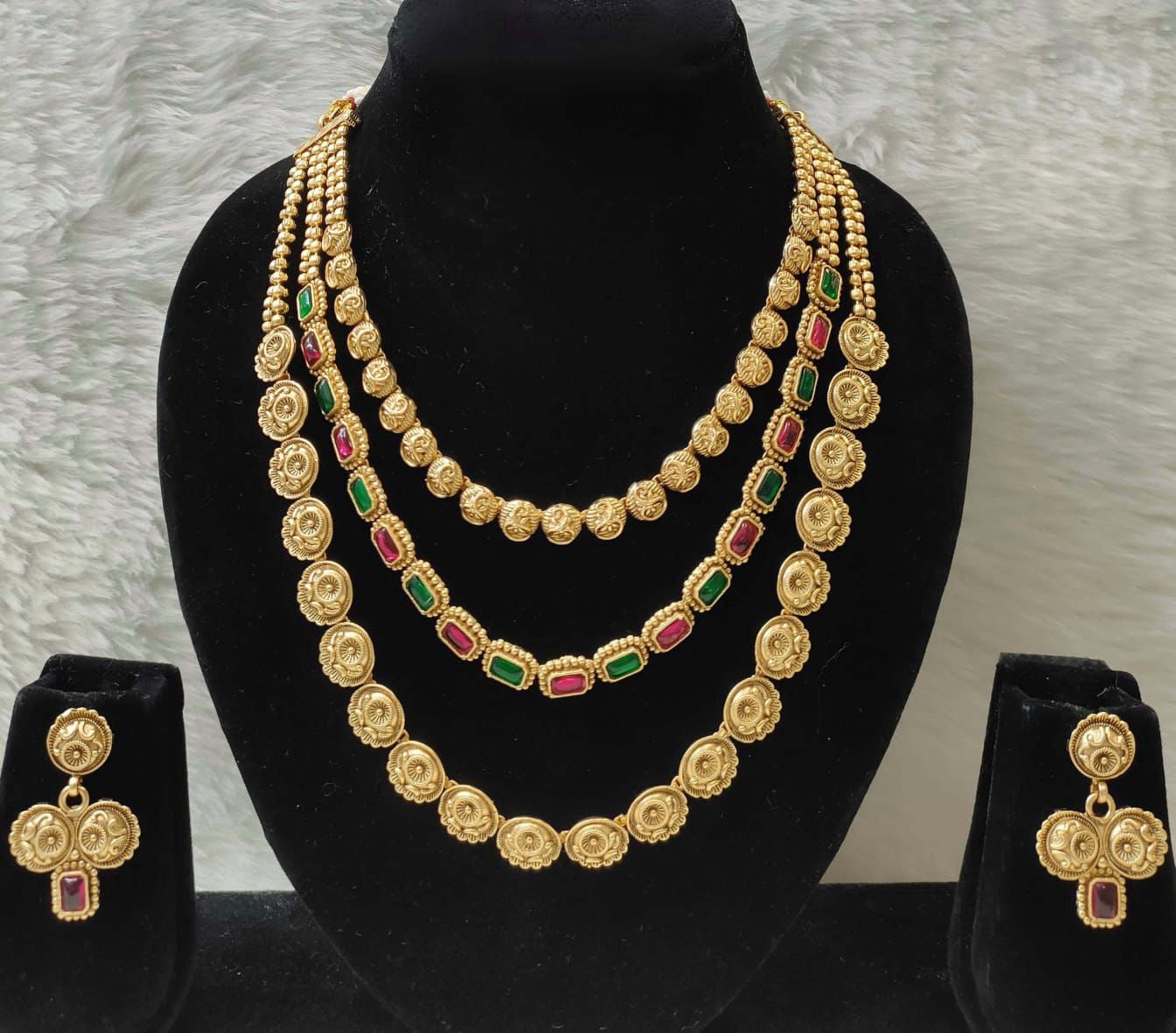 Antique Red Green Stone Disc Layered Necklace