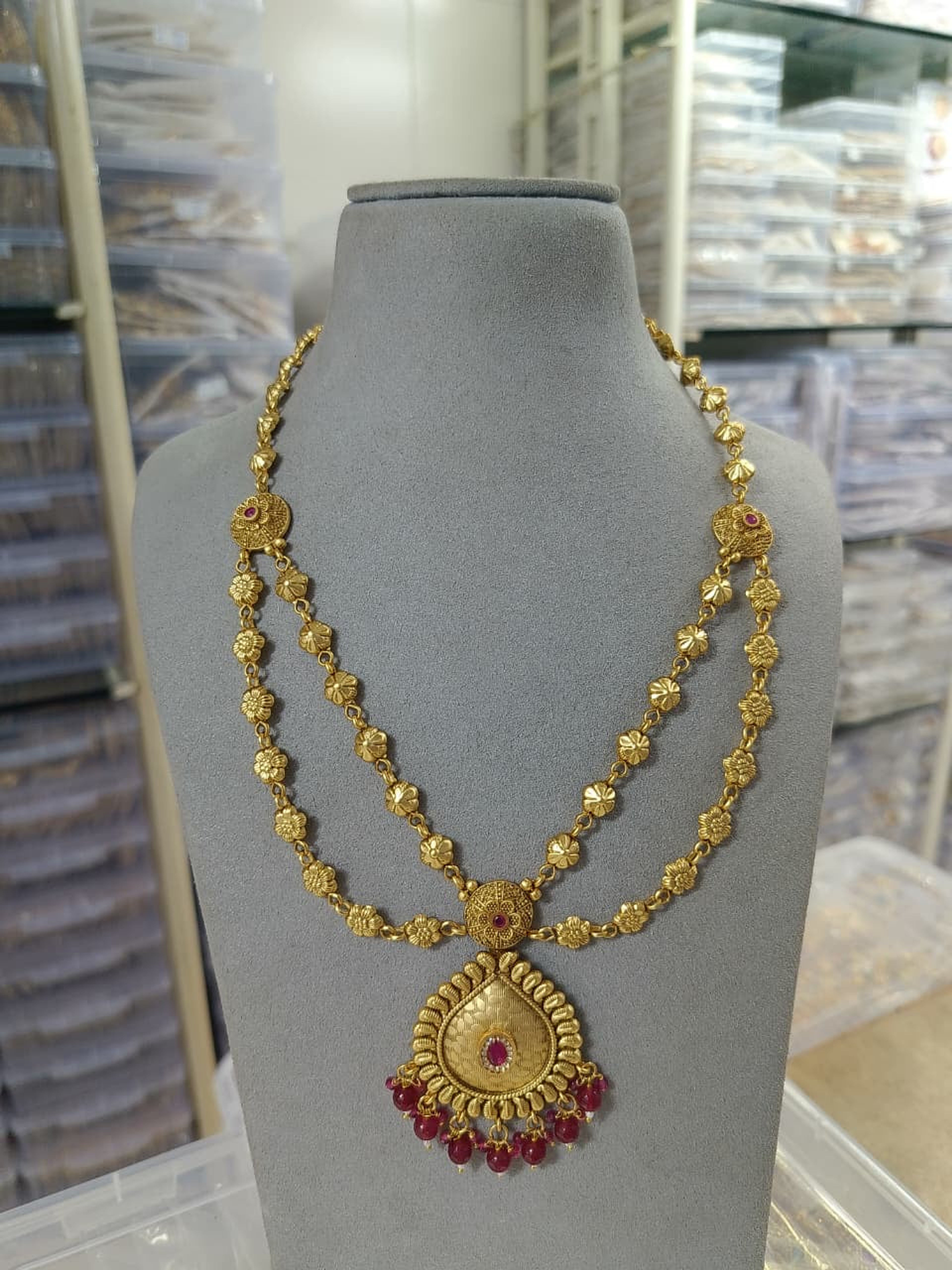 Antique Floral Layered Necklace with Red Beads