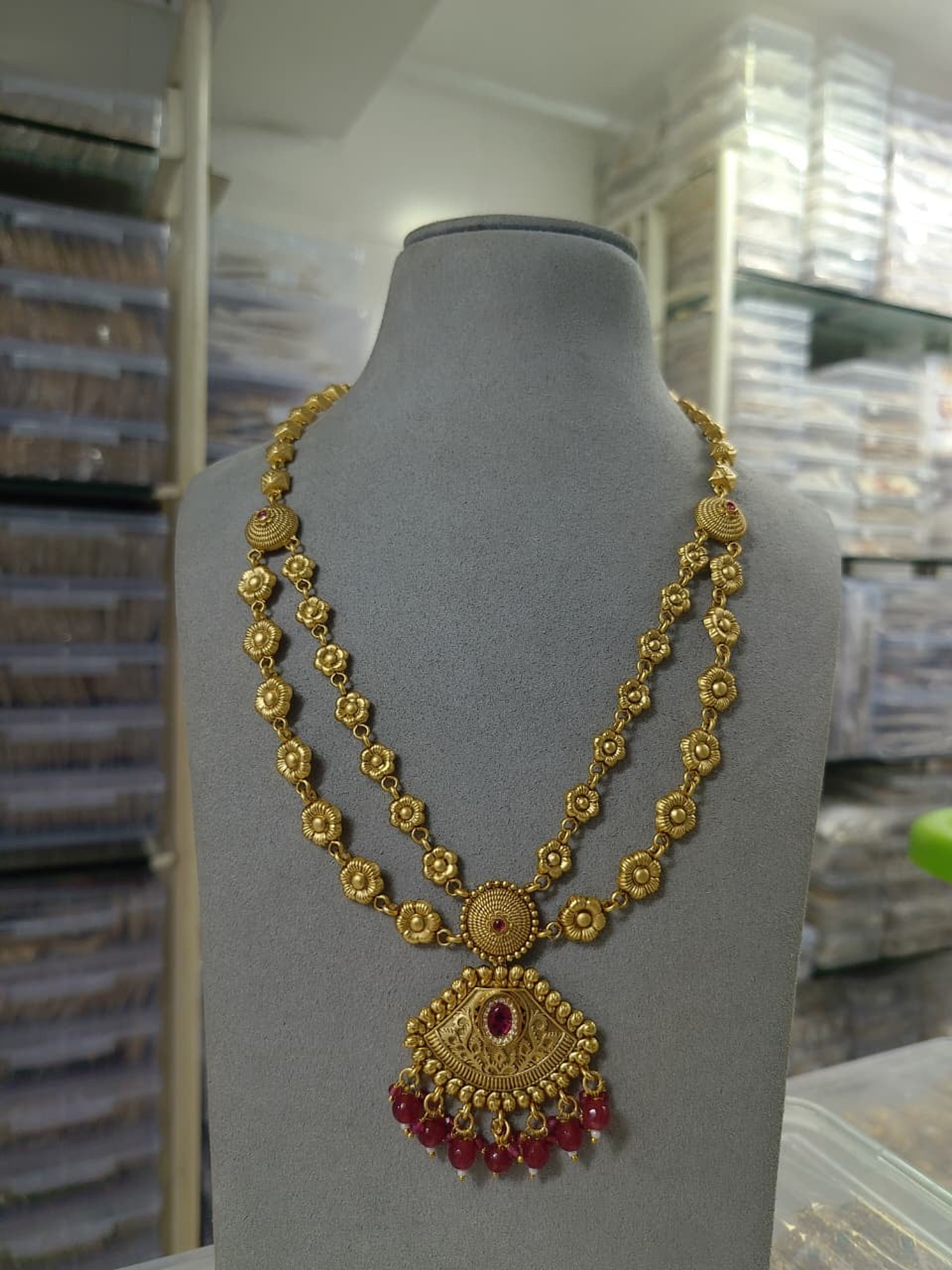 Antique Red Bead Drop Floral Layered Necklace