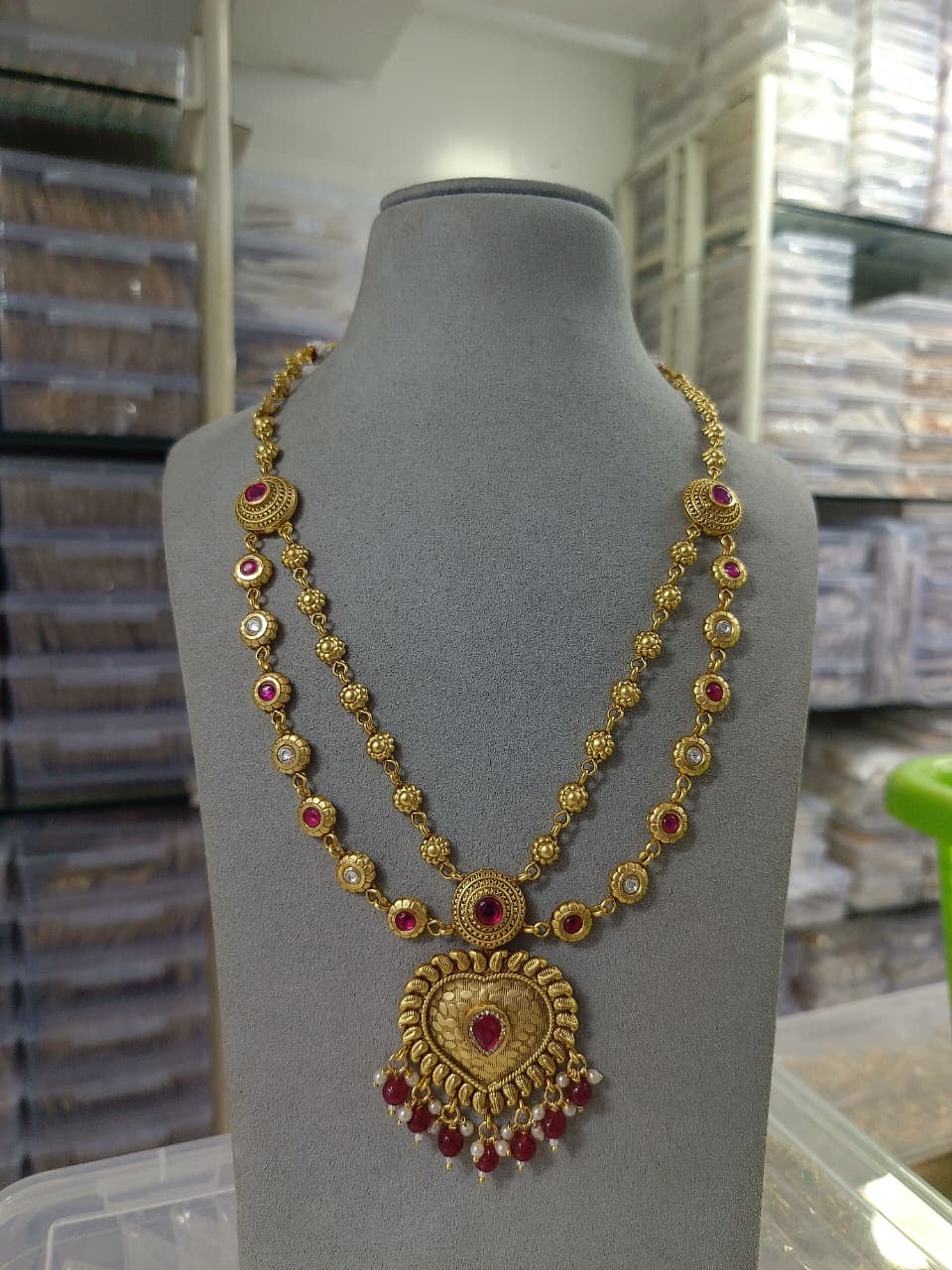 Antique Red Stone Heart Layered Necklace