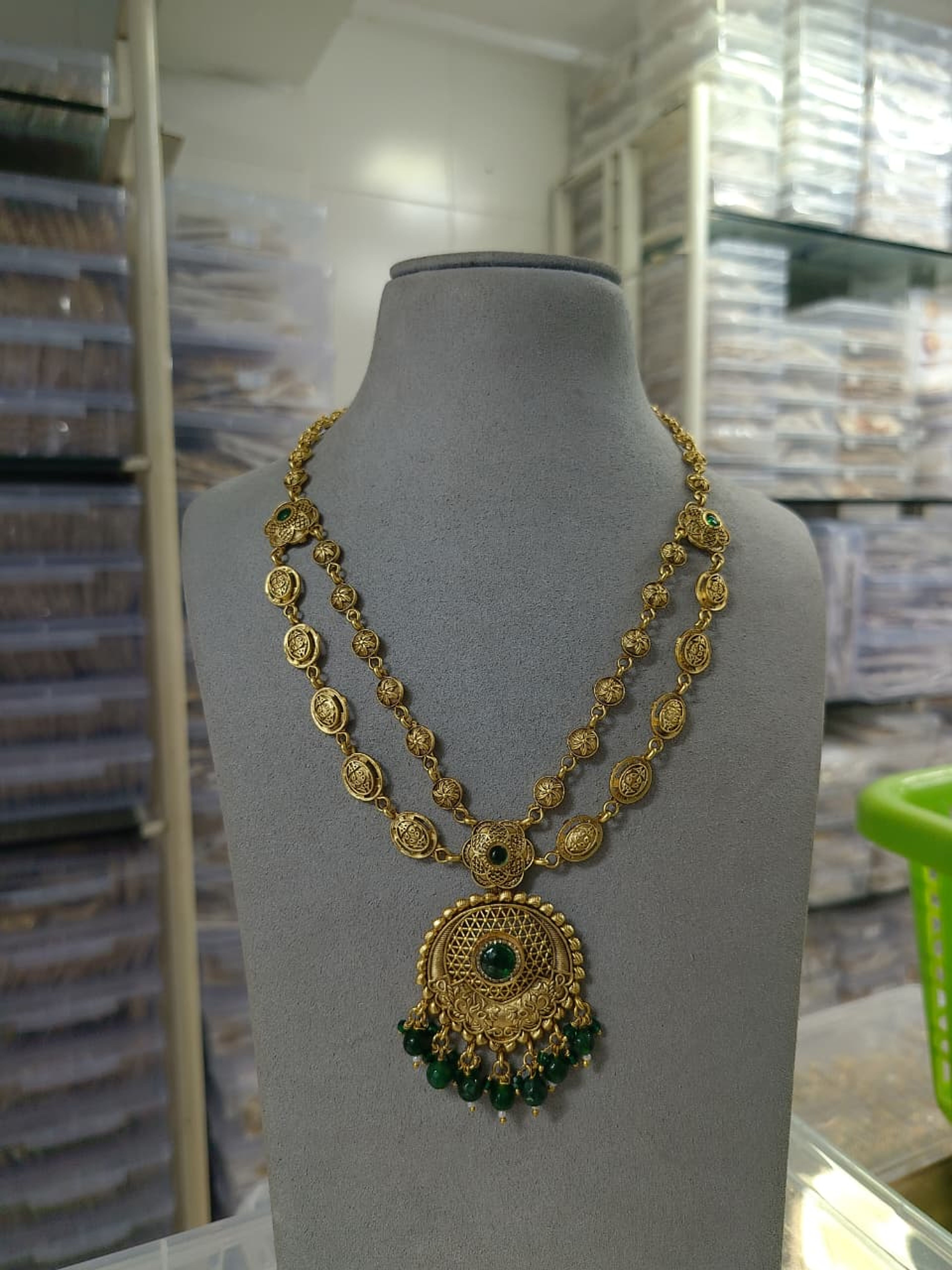 Antique Green Stone Layered Necklace