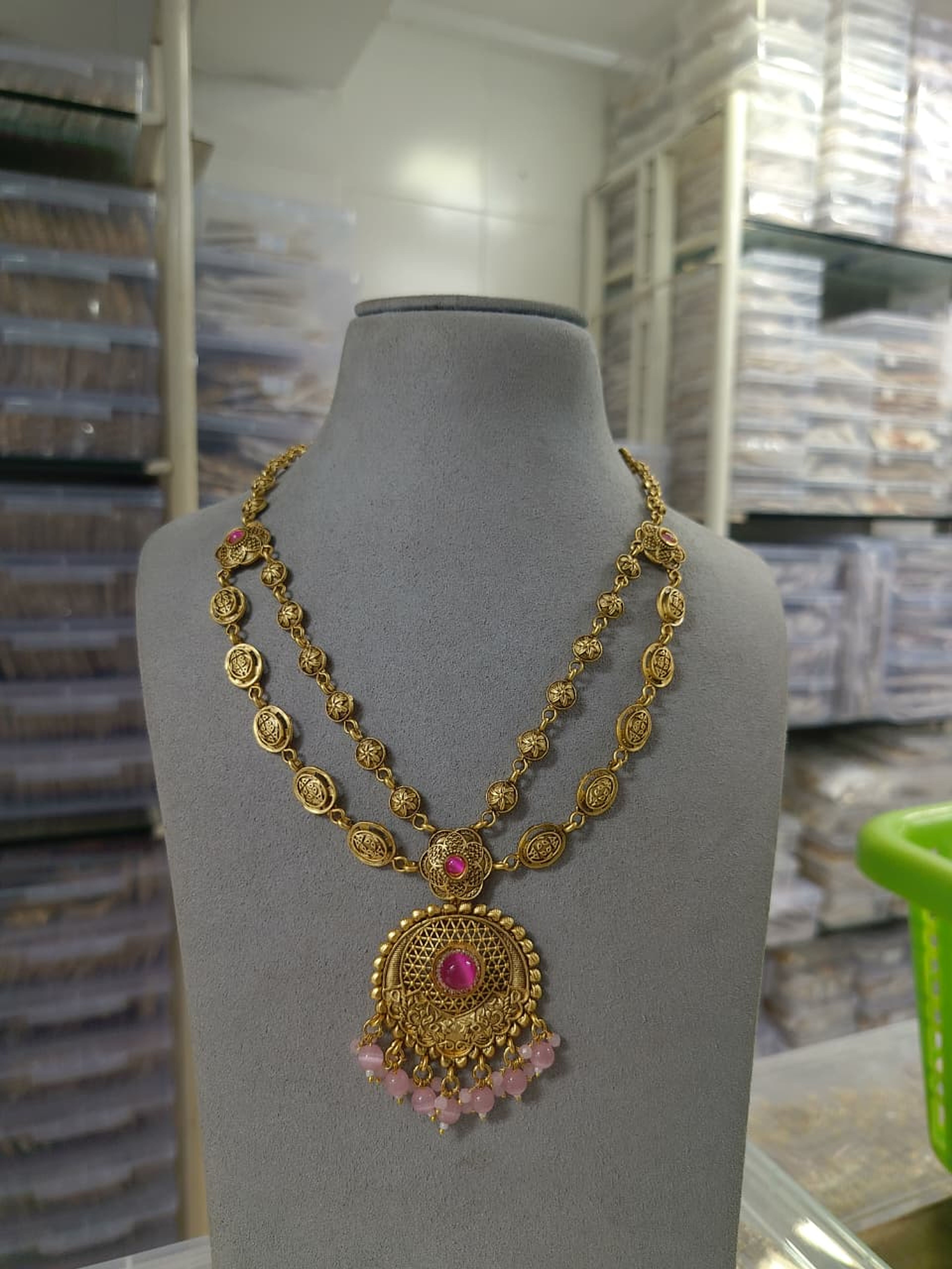 Antique Pink Stone Layered Necklace