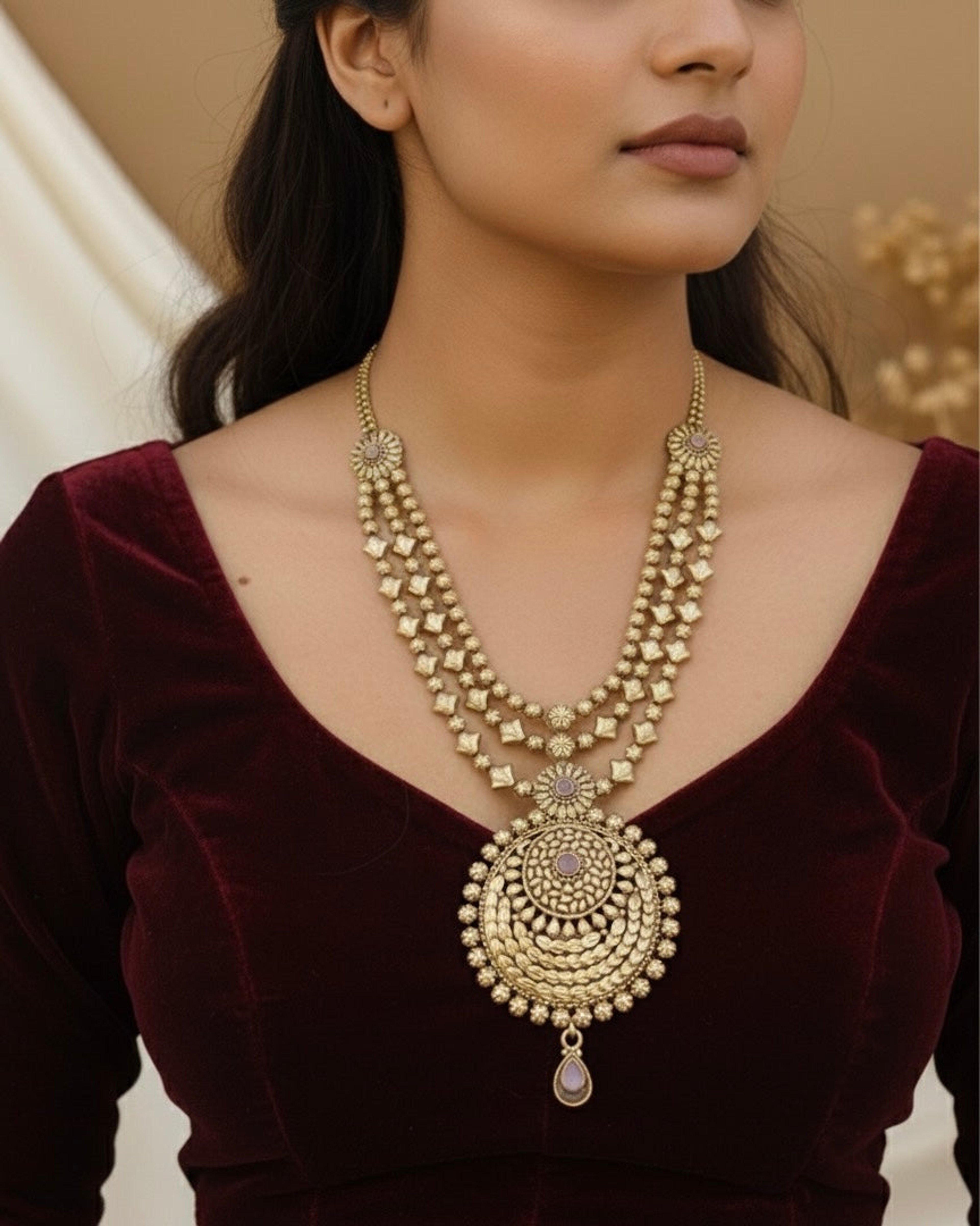 Antique Three Strand Medallion Layered Necklace