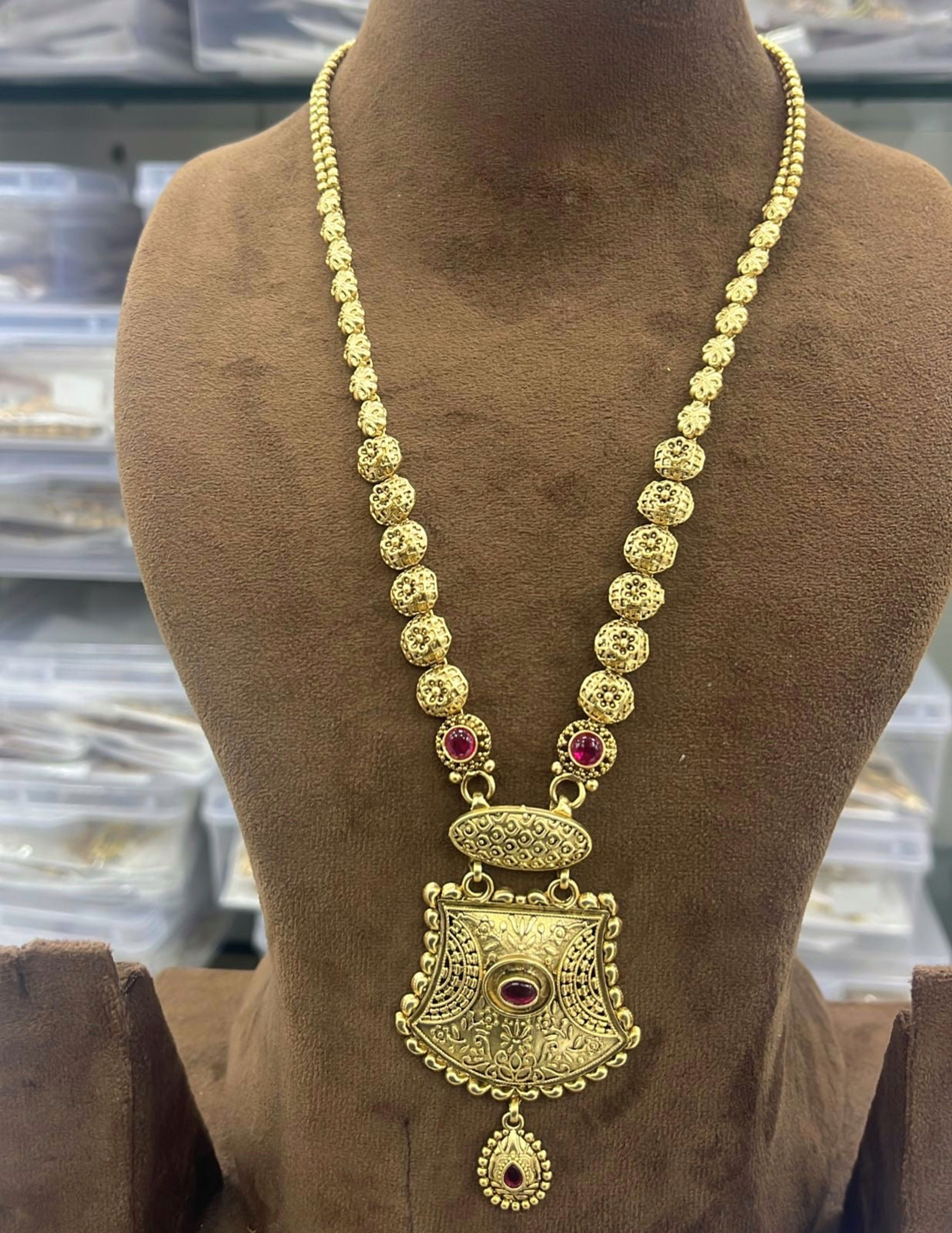 Antique Red Stone Engraved Long Necklace
