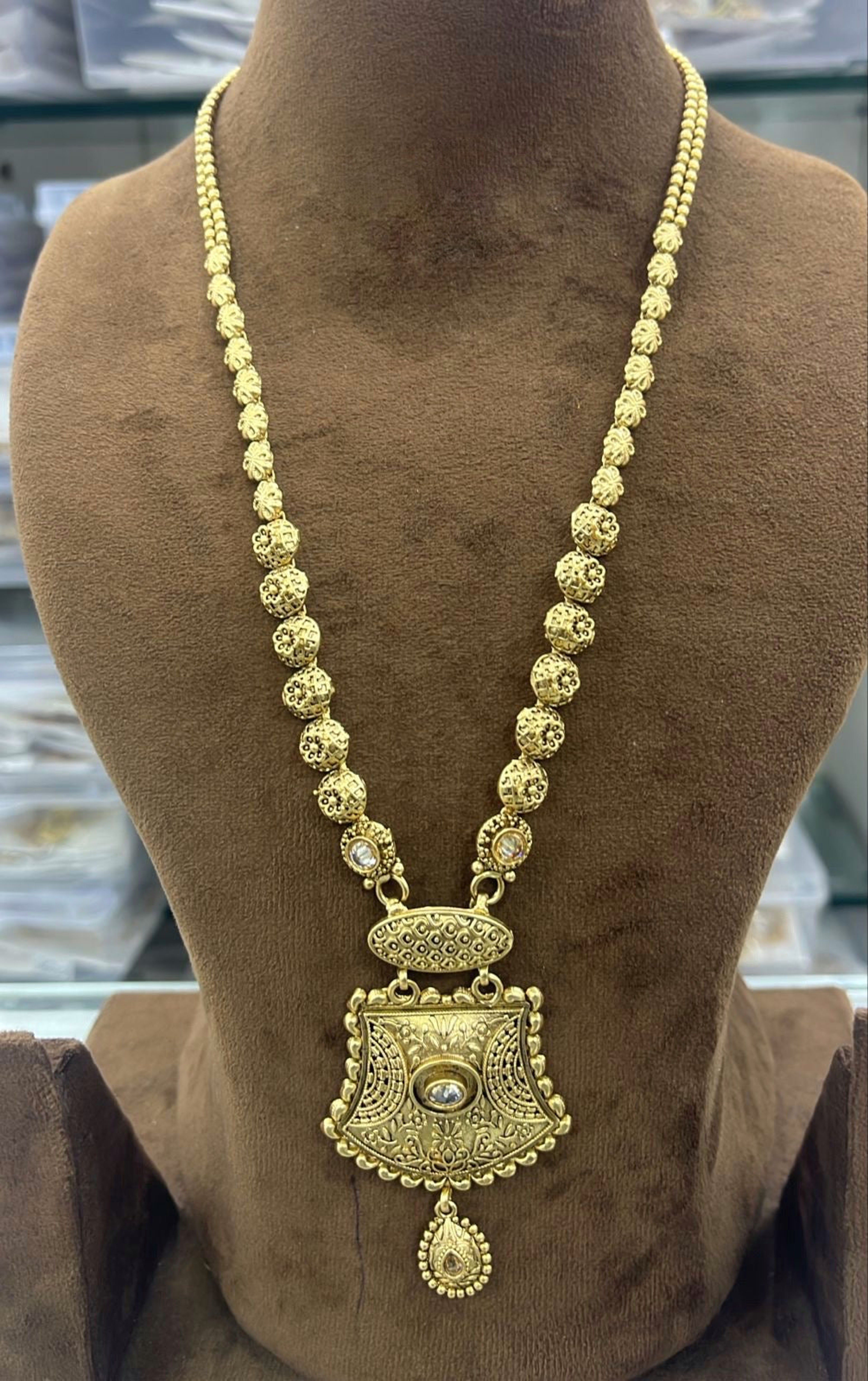 Antique Textured Bead Pendant Long Necklace