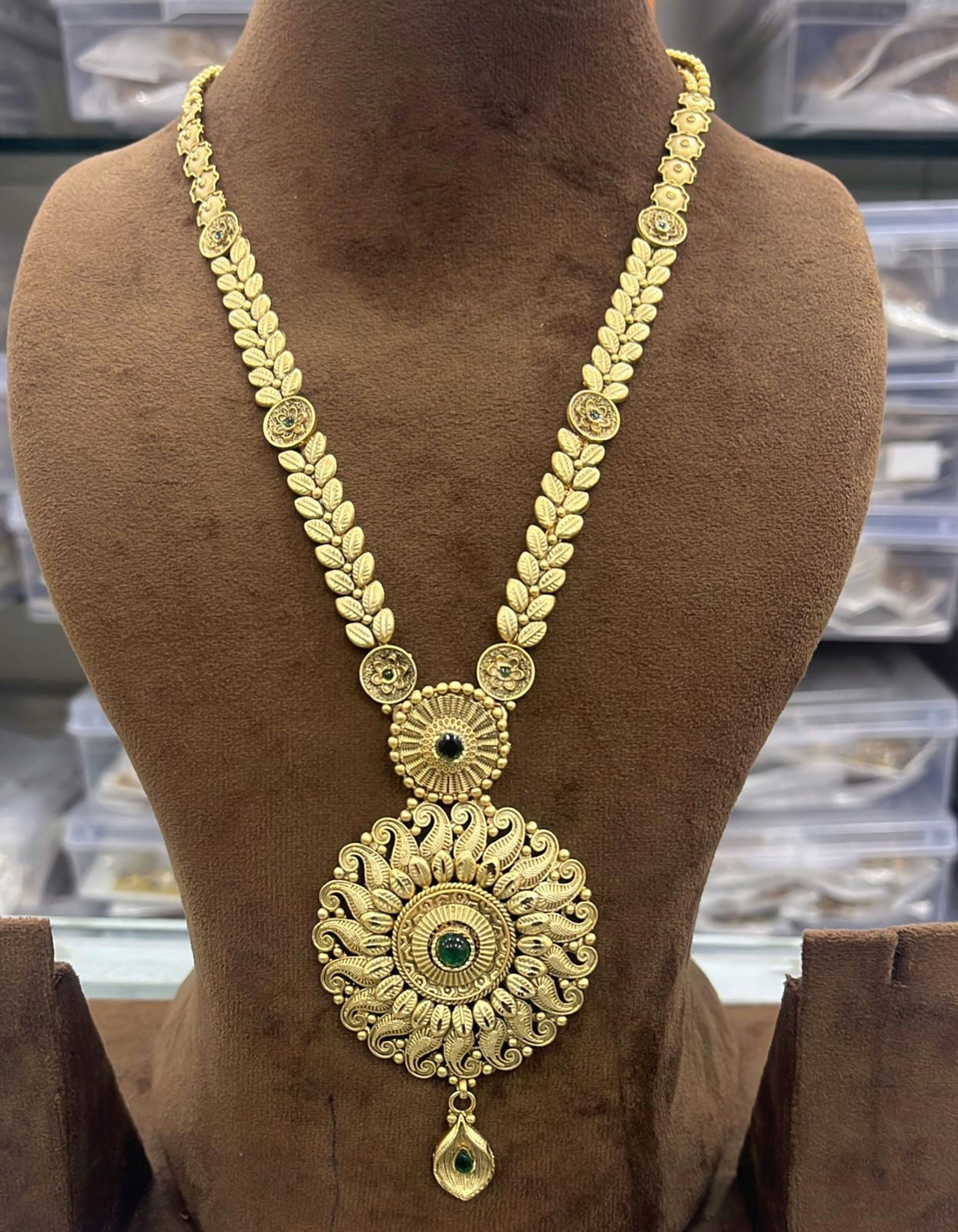 Antique Green Stone Medallion Long Necklace