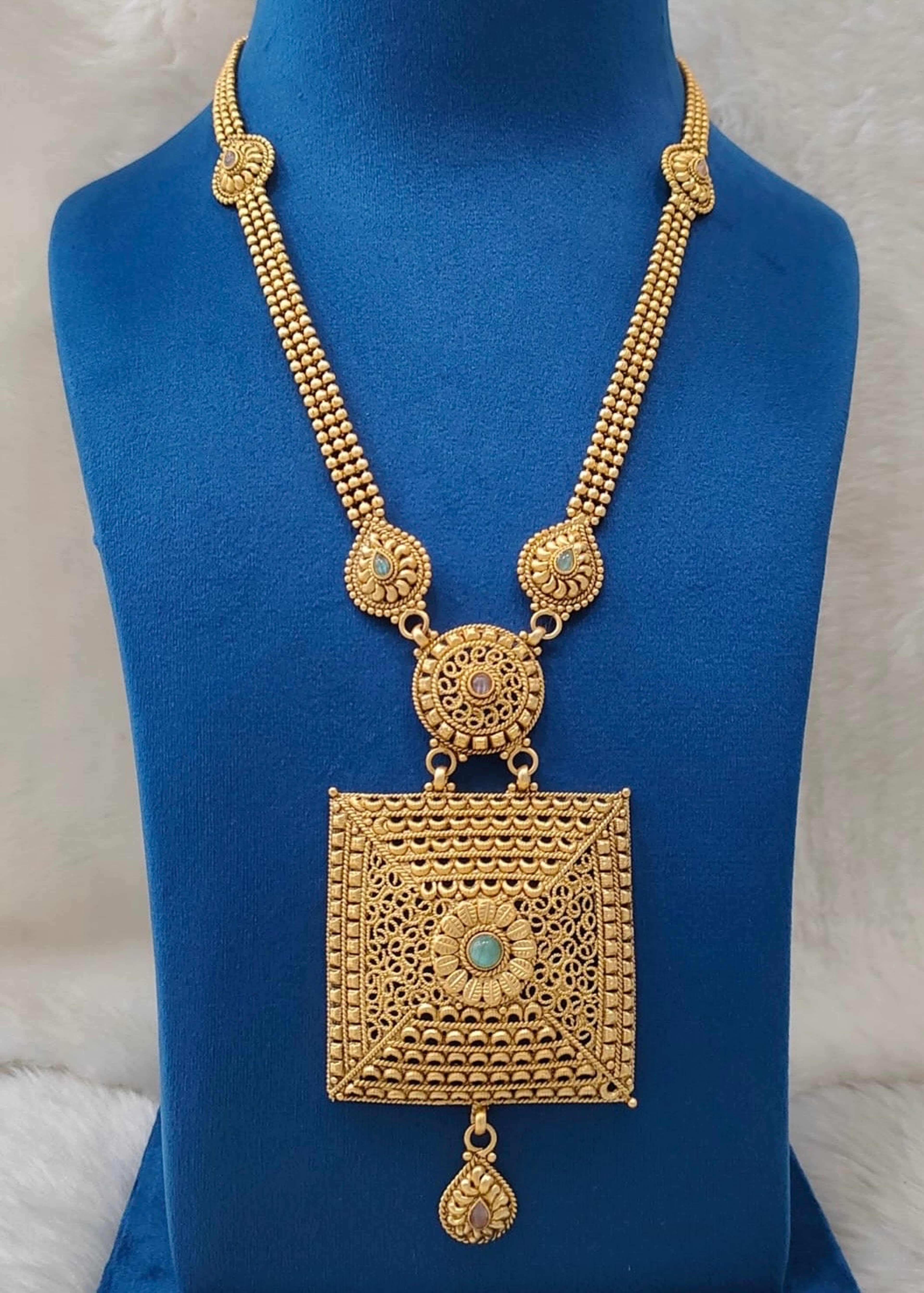 Antique Filigree Square Pendant Long Necklace