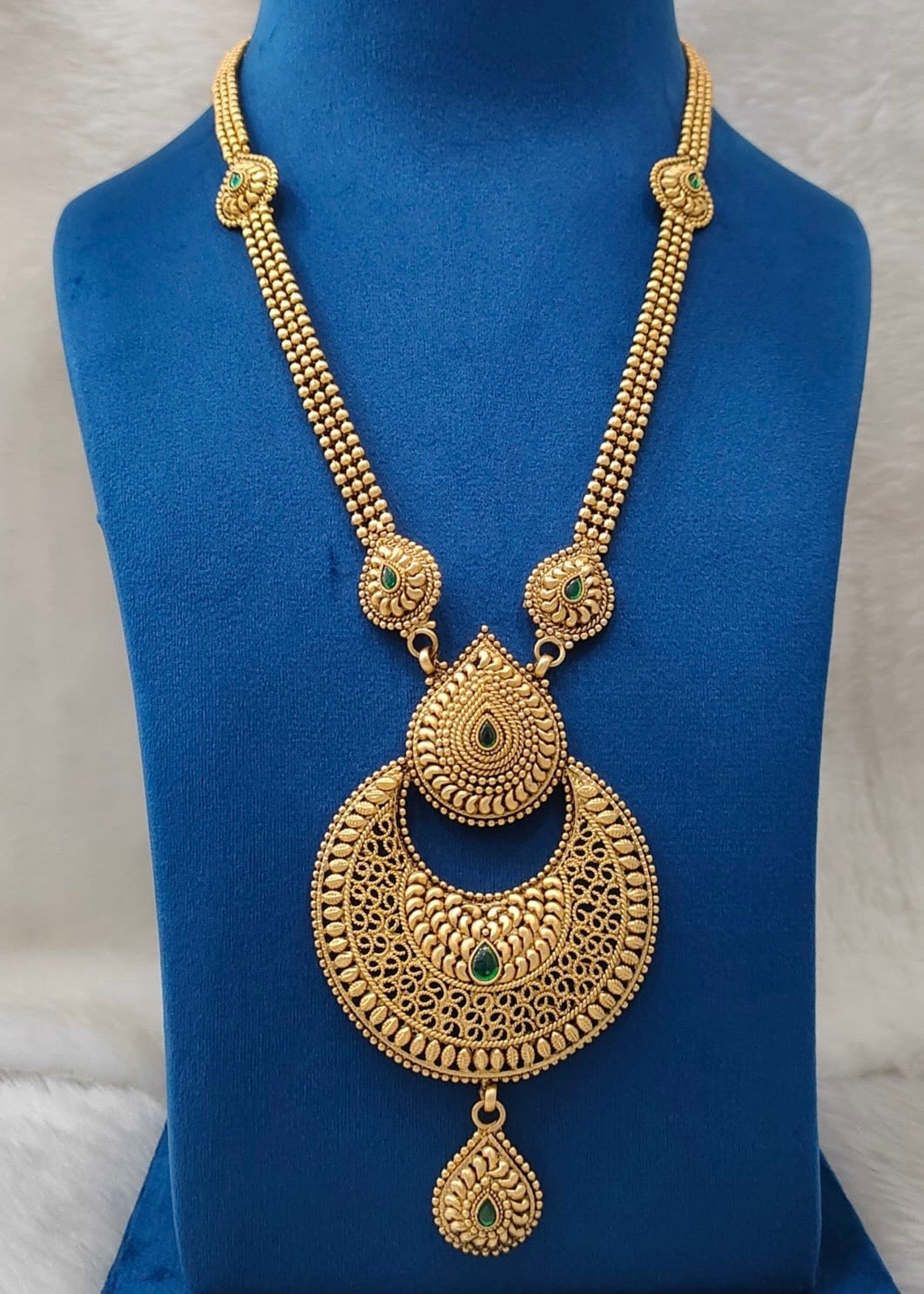 Antique Green Stone Crescent Long Necklace