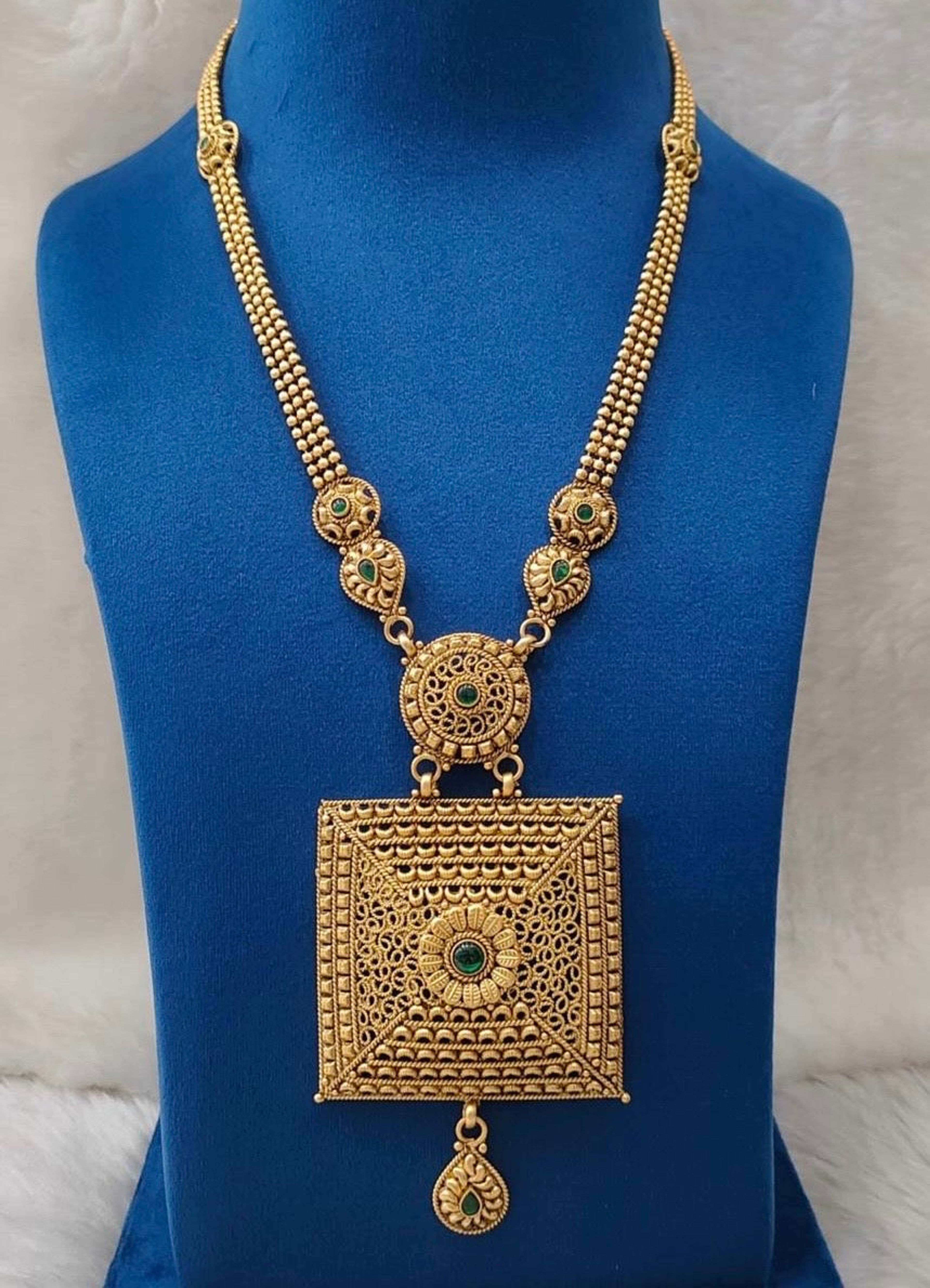 Antique Green Stone Square Pendant Long Necklace