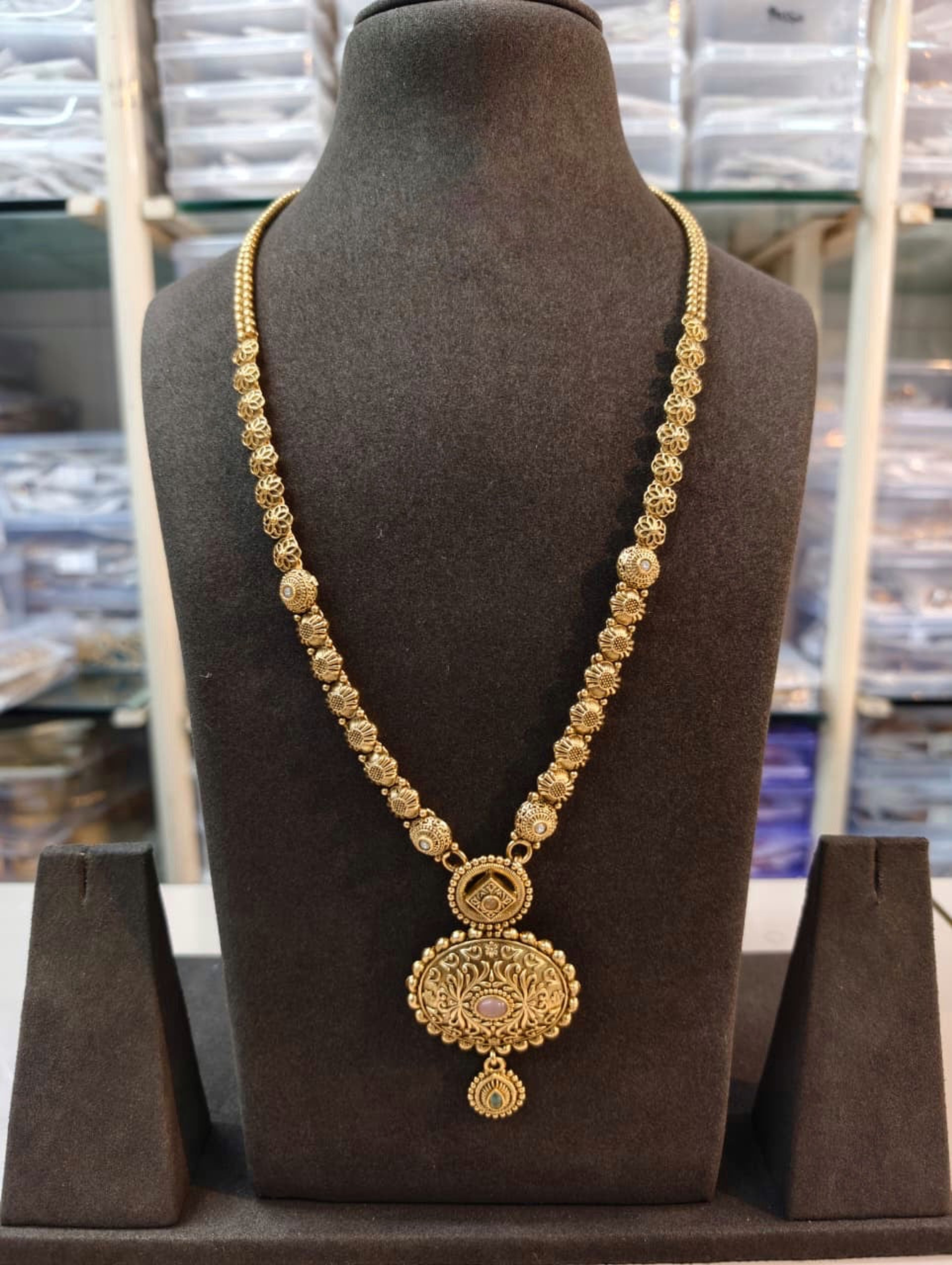 Antique Ornate Oval Drop Long Necklace