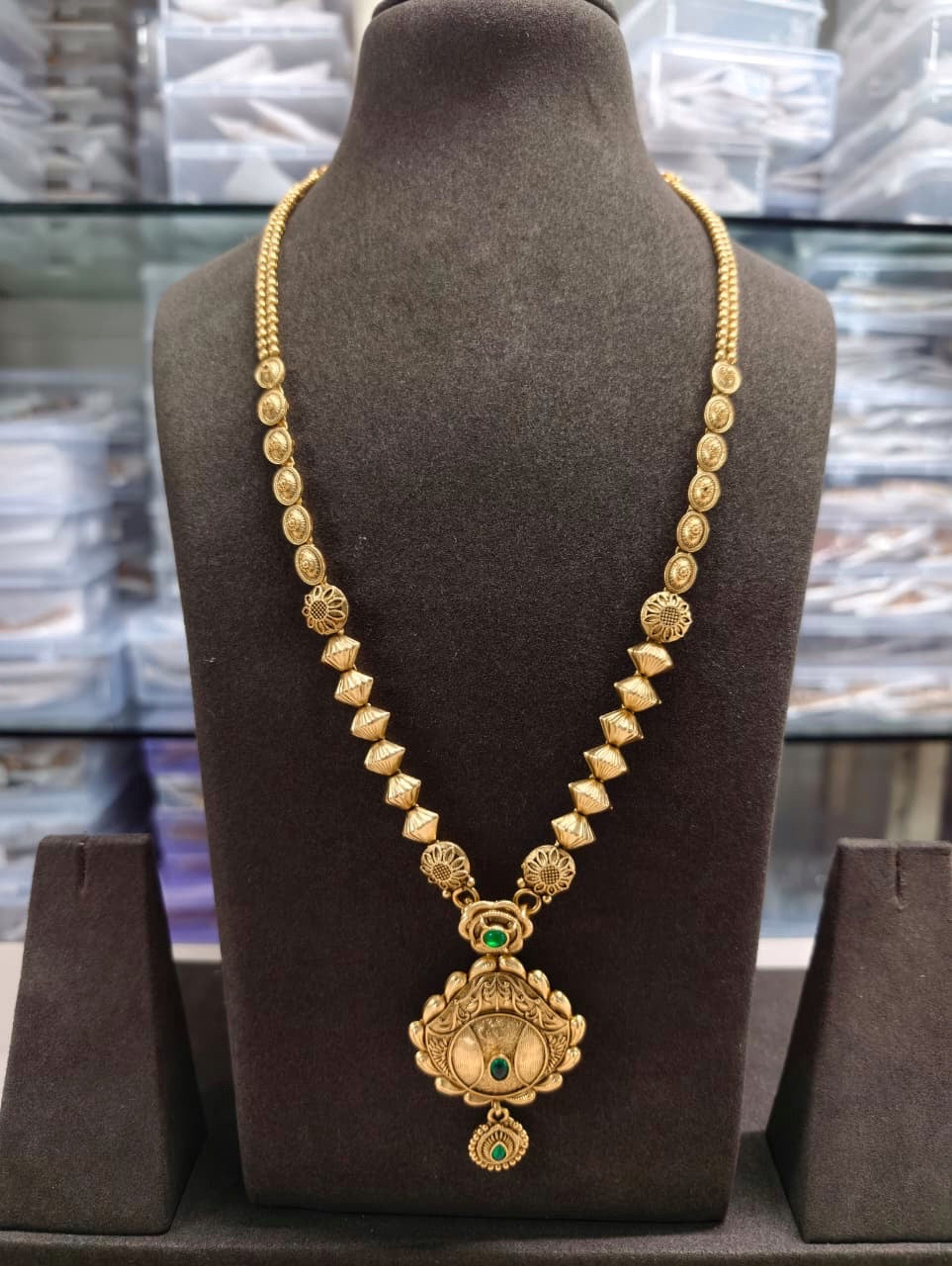 Antique Green Stone Beaded Long Necklace