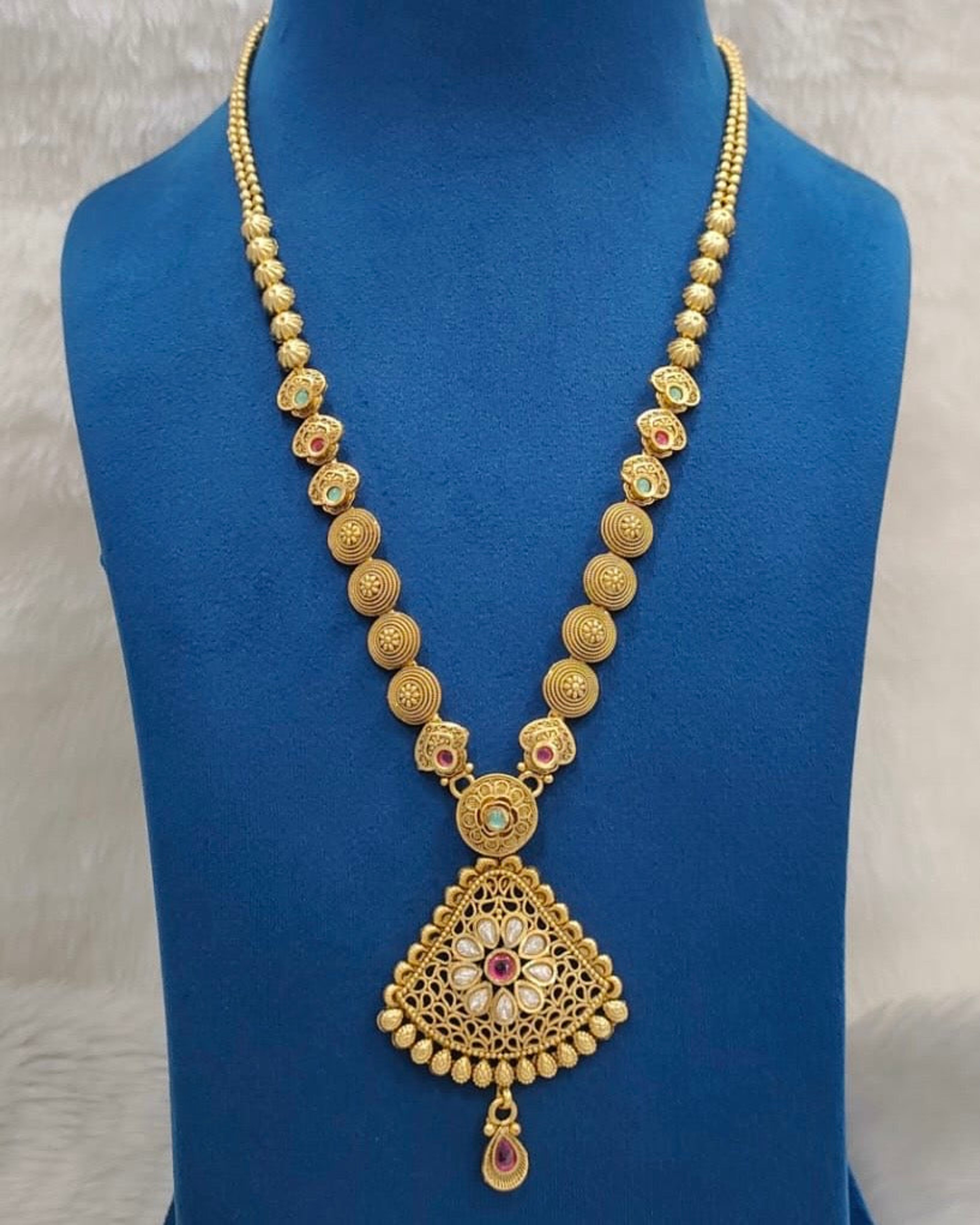 Floral Triangular Pendant Antique Long Necklace