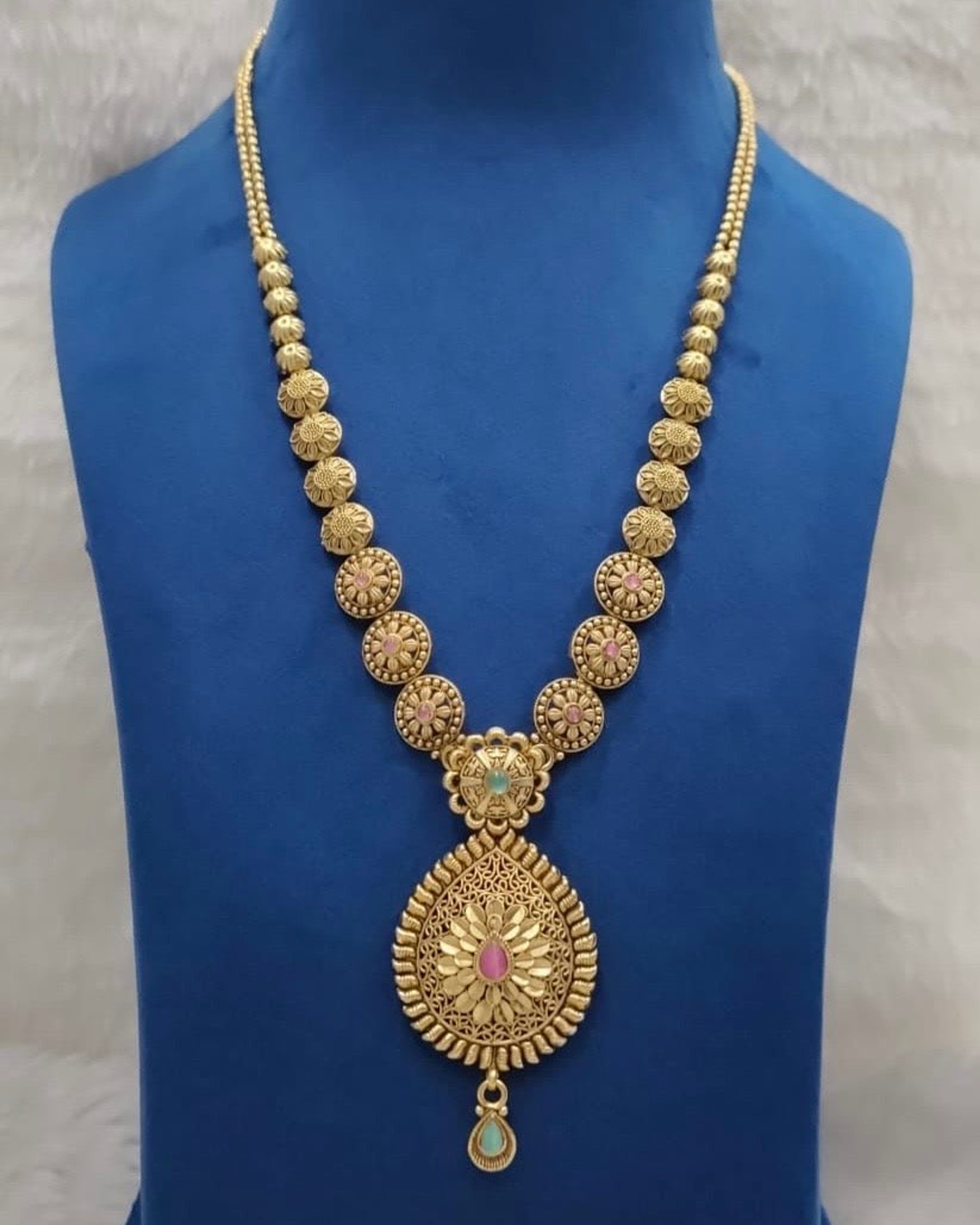 Antique Floral Teardrop Pendant Long Necklace