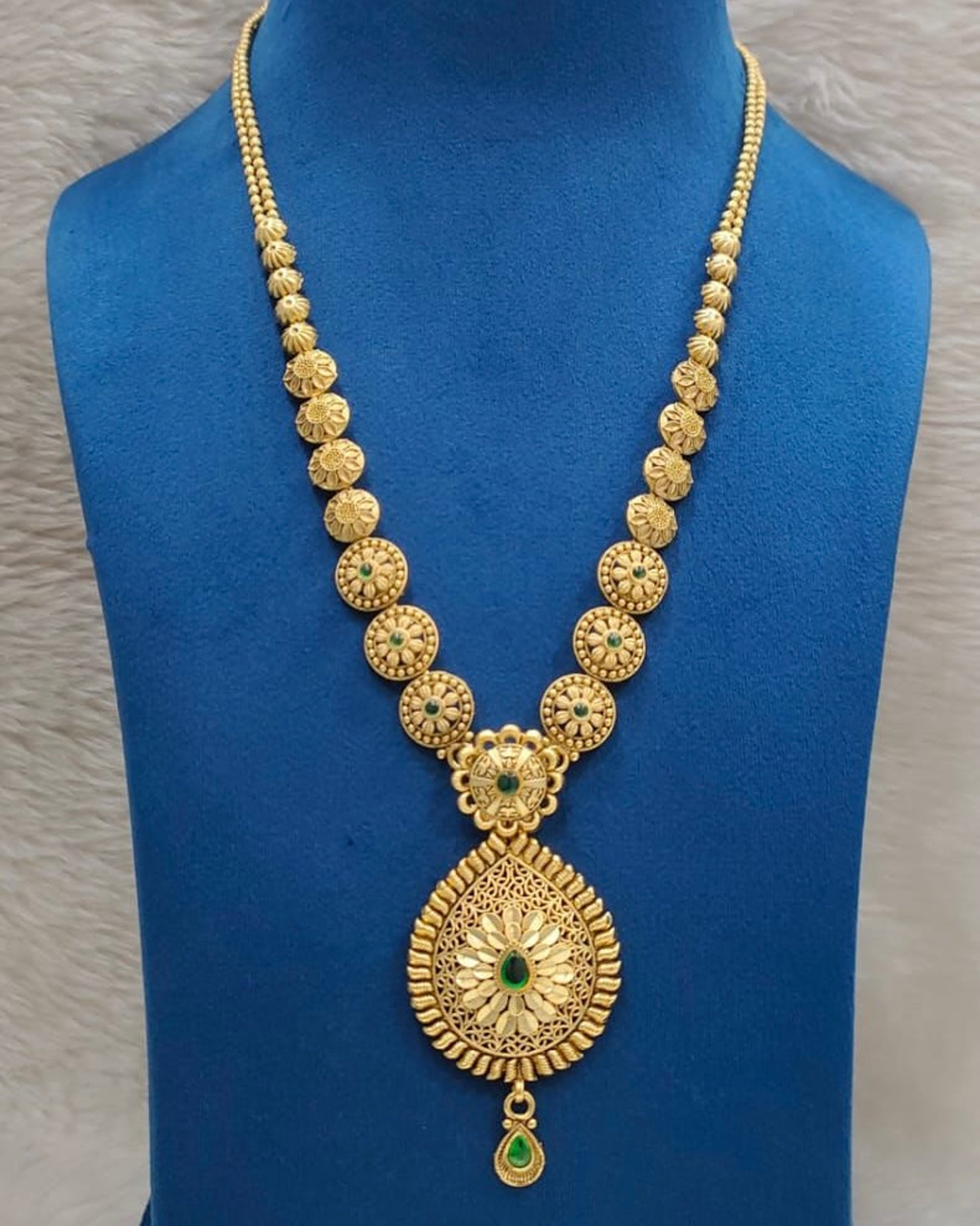 Antique Floral Teardrop Green Stone Long Necklace