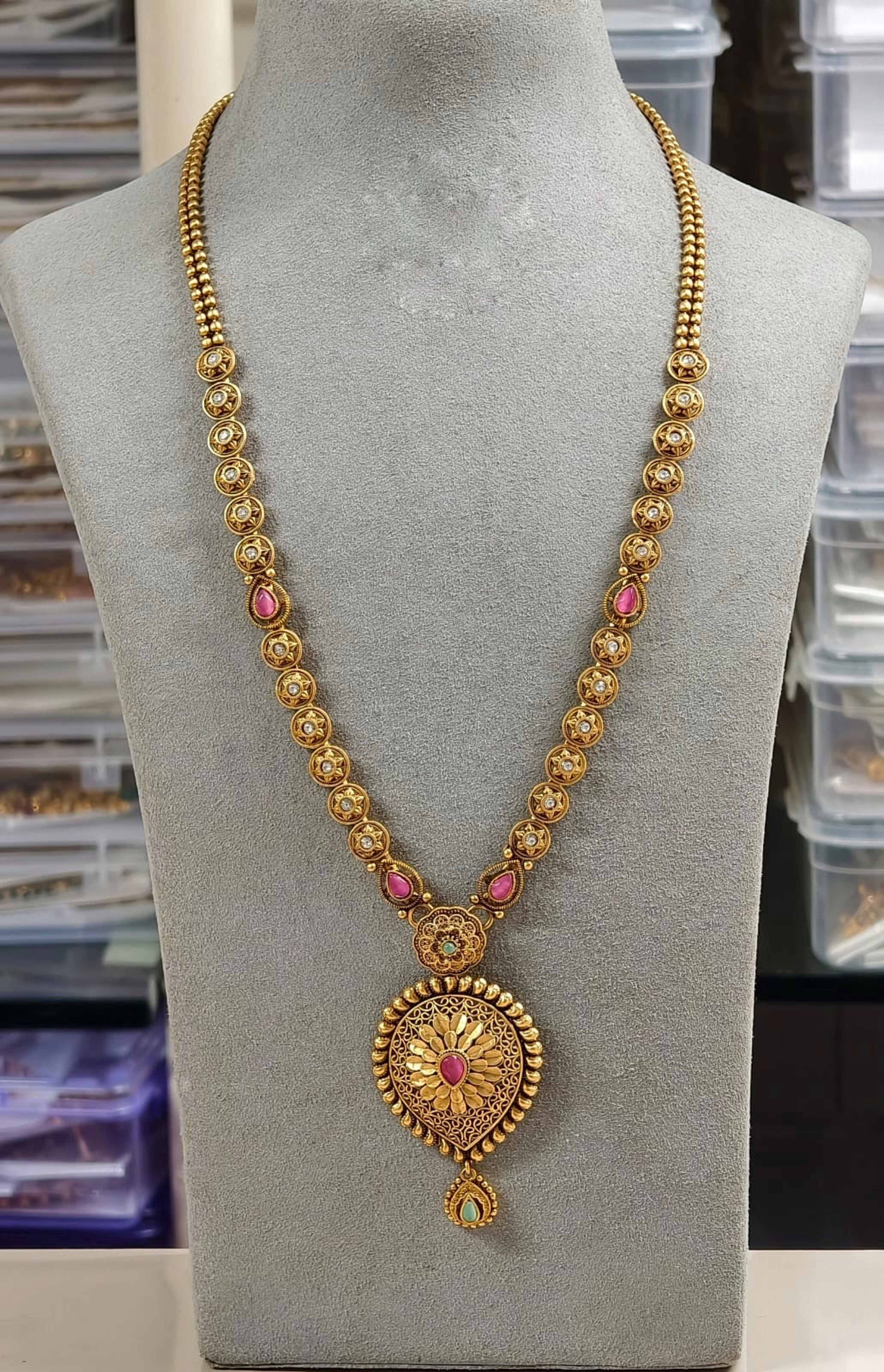 Antique Floral Medallion Pink Stone Long Necklace