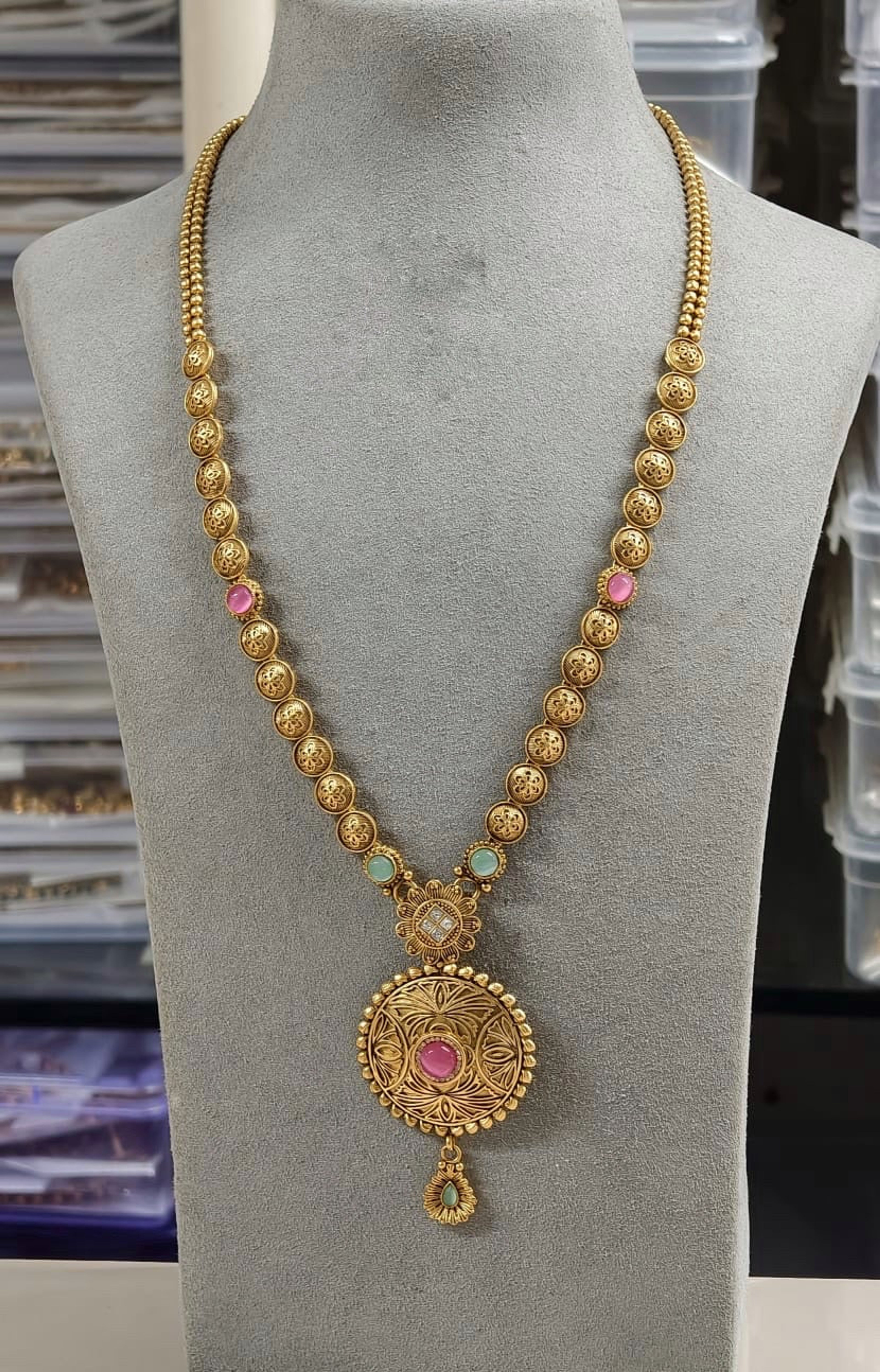 Antique Coin Chain Pink Stone Long Necklace
