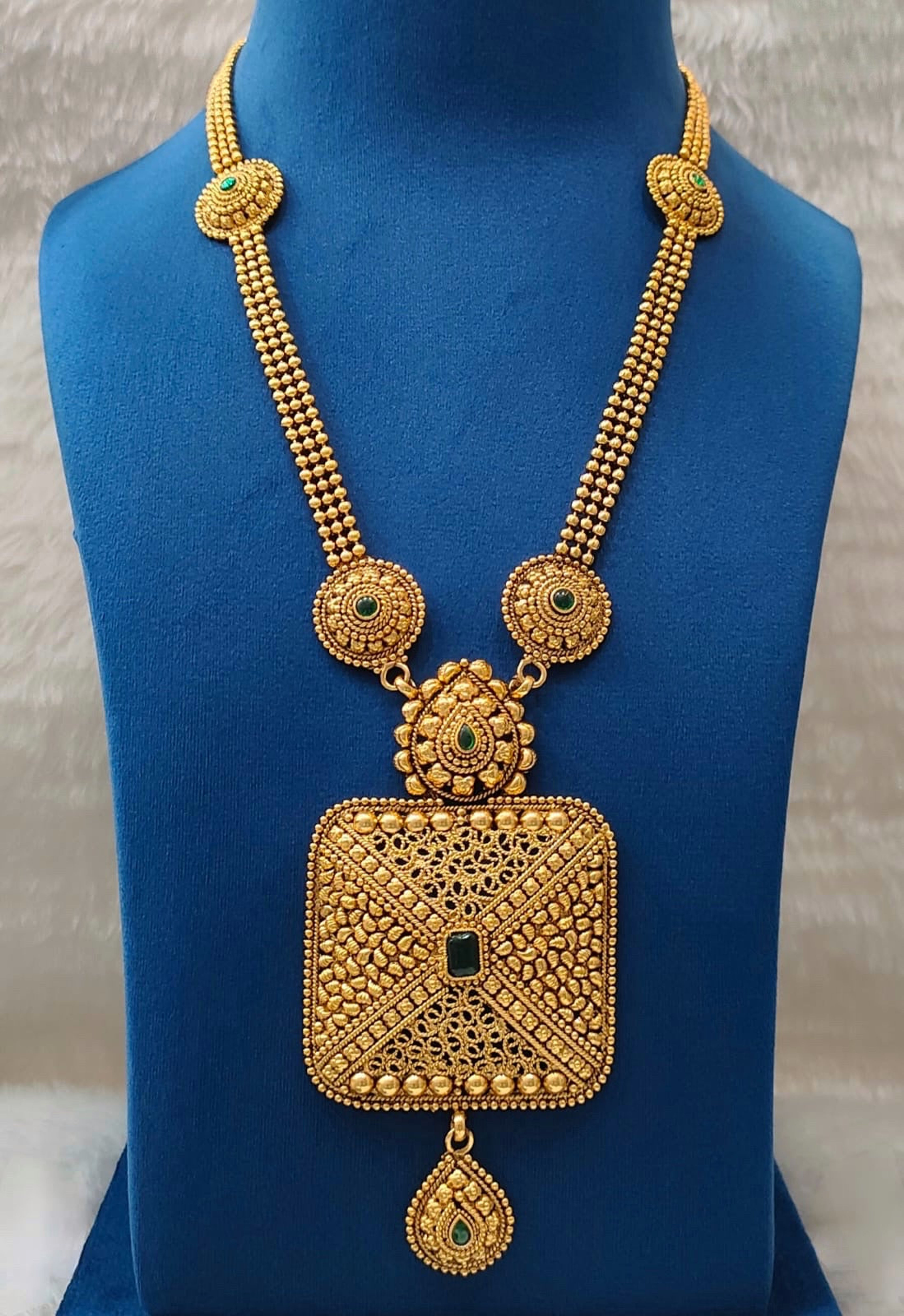 Antique Square Pendant Green Stone Long Necklace