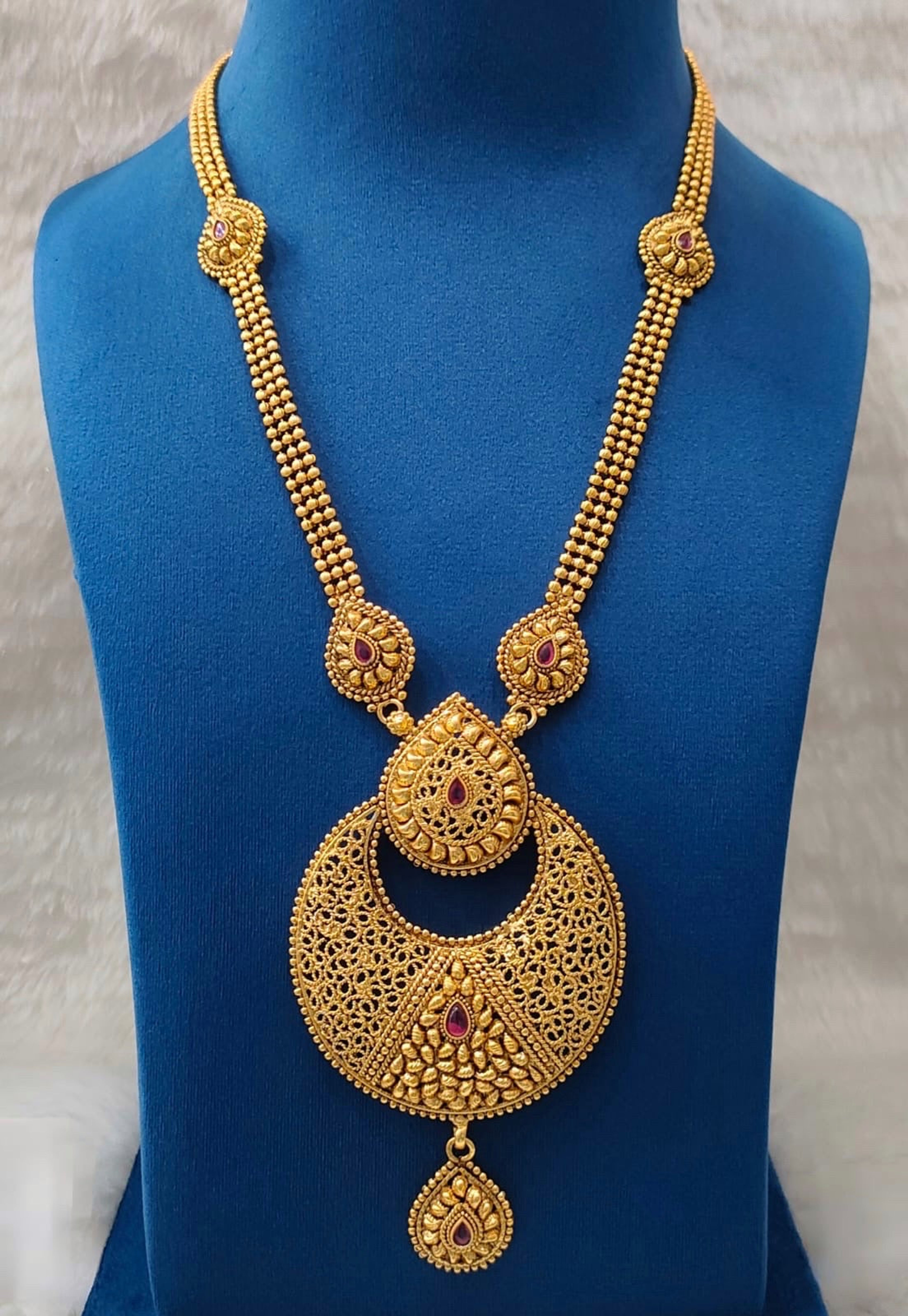 Antique Bead-Link Long Chain with Pink Crescent Pendant