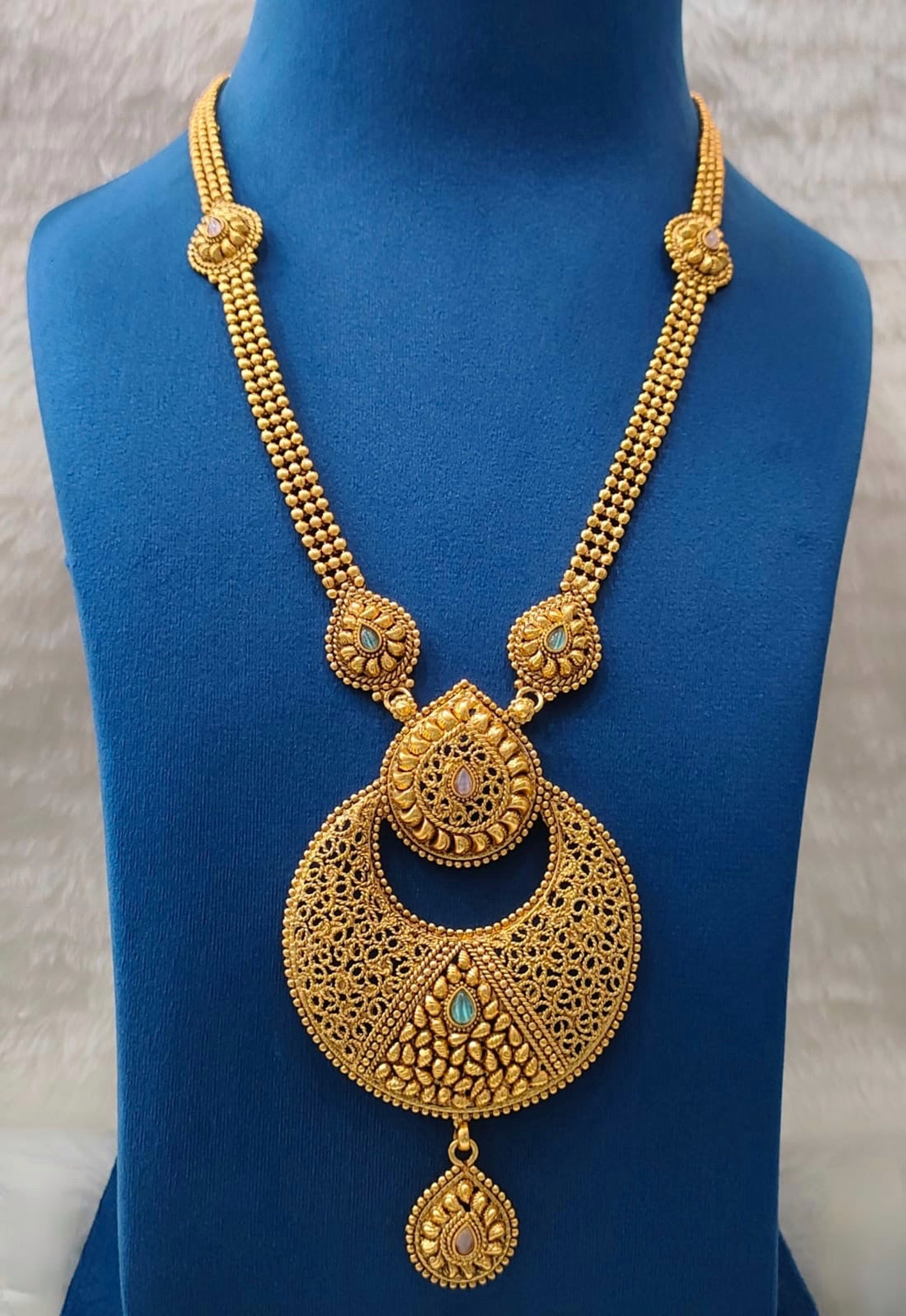 Antique Bead-Link Long Chain with Green Crescent Pendant