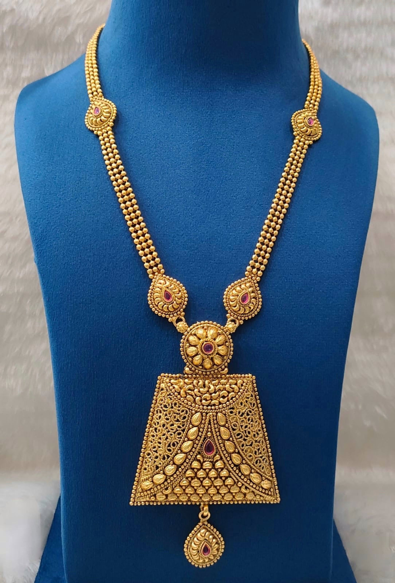 Antique Double-Strand Long Chain with Pink Temple Pendant