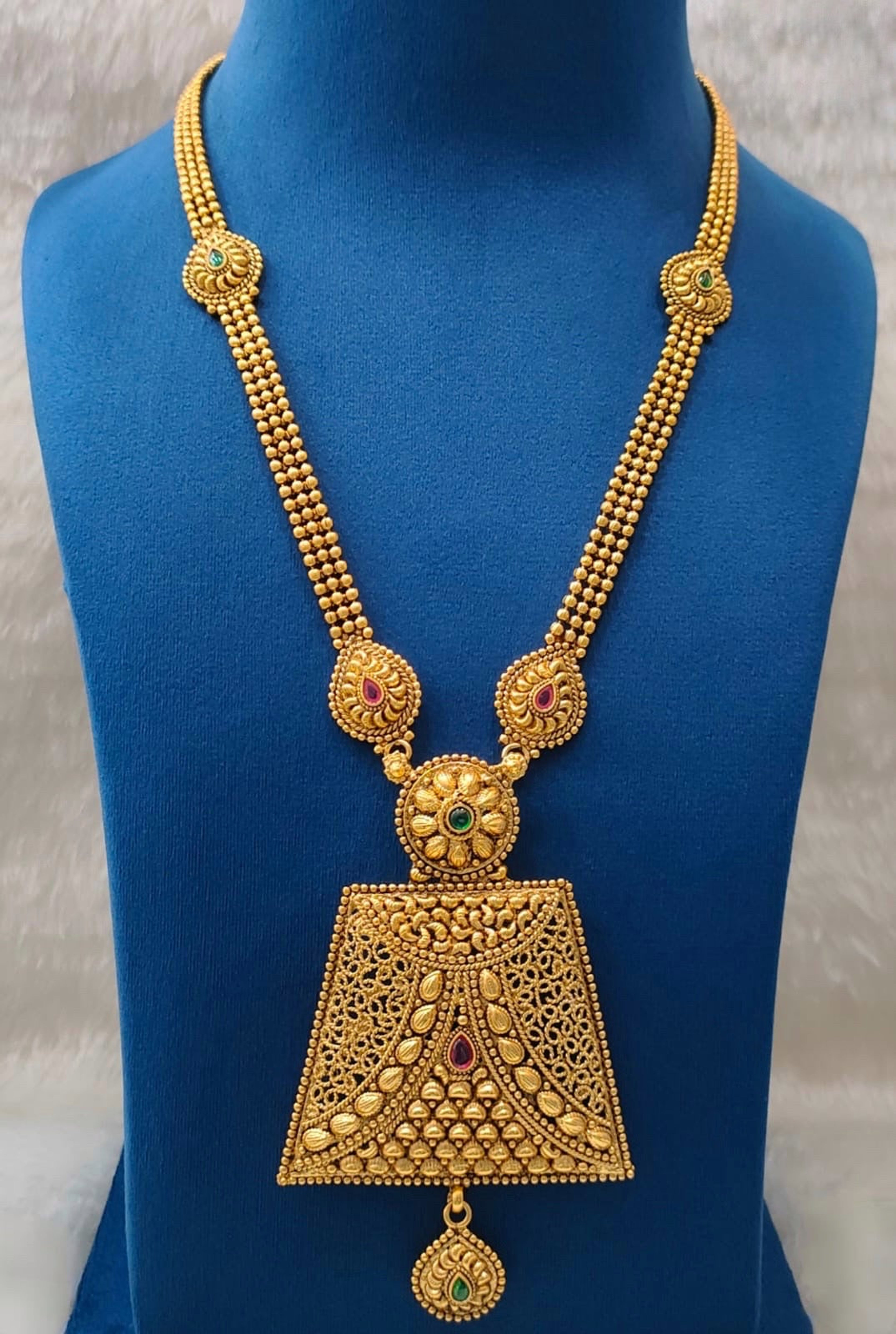 Antique Double-Strand Long Chain with Green Temple Pendant