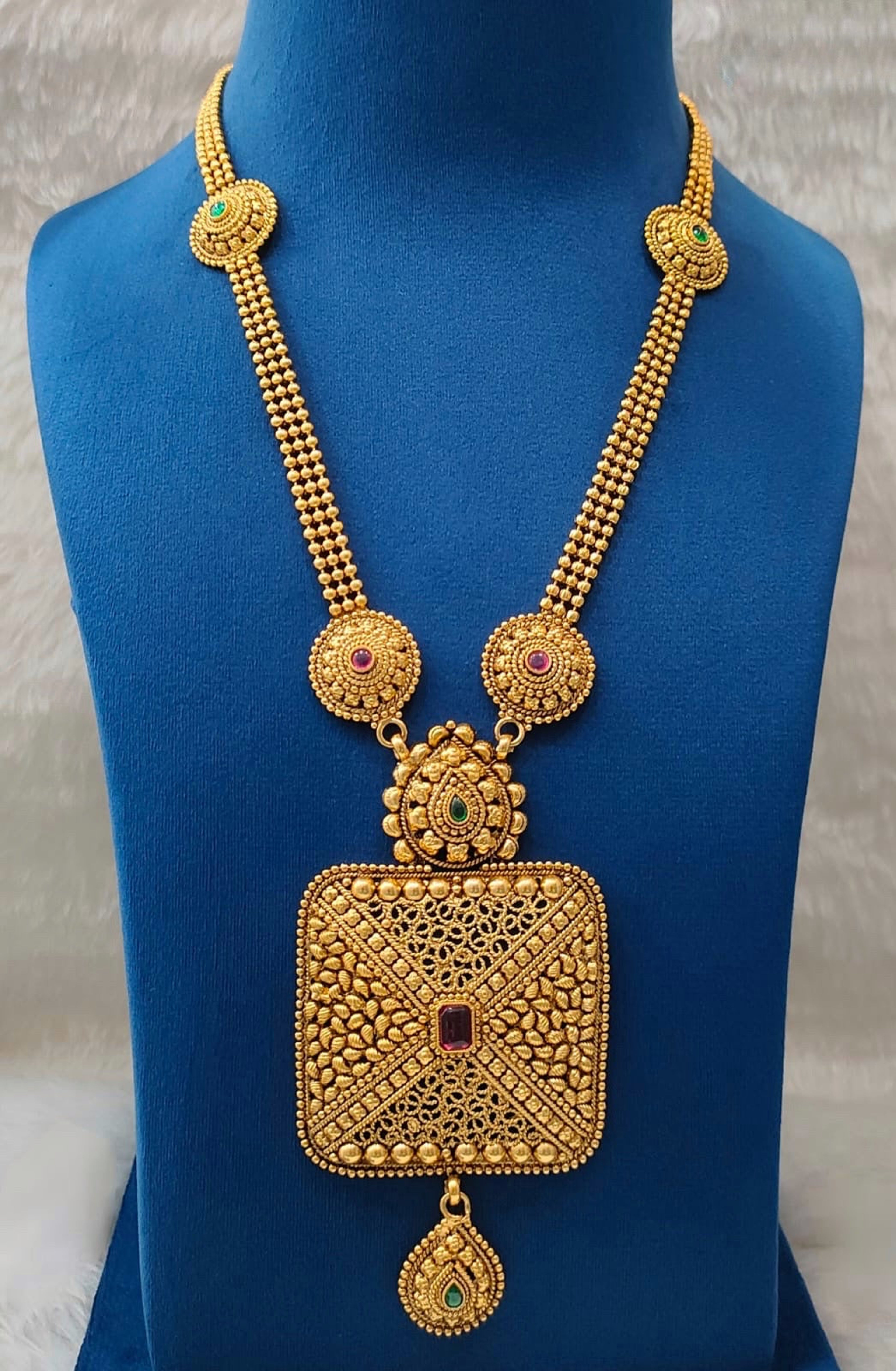 Antique Double-Strand Long Chain with Green Drop Pendant