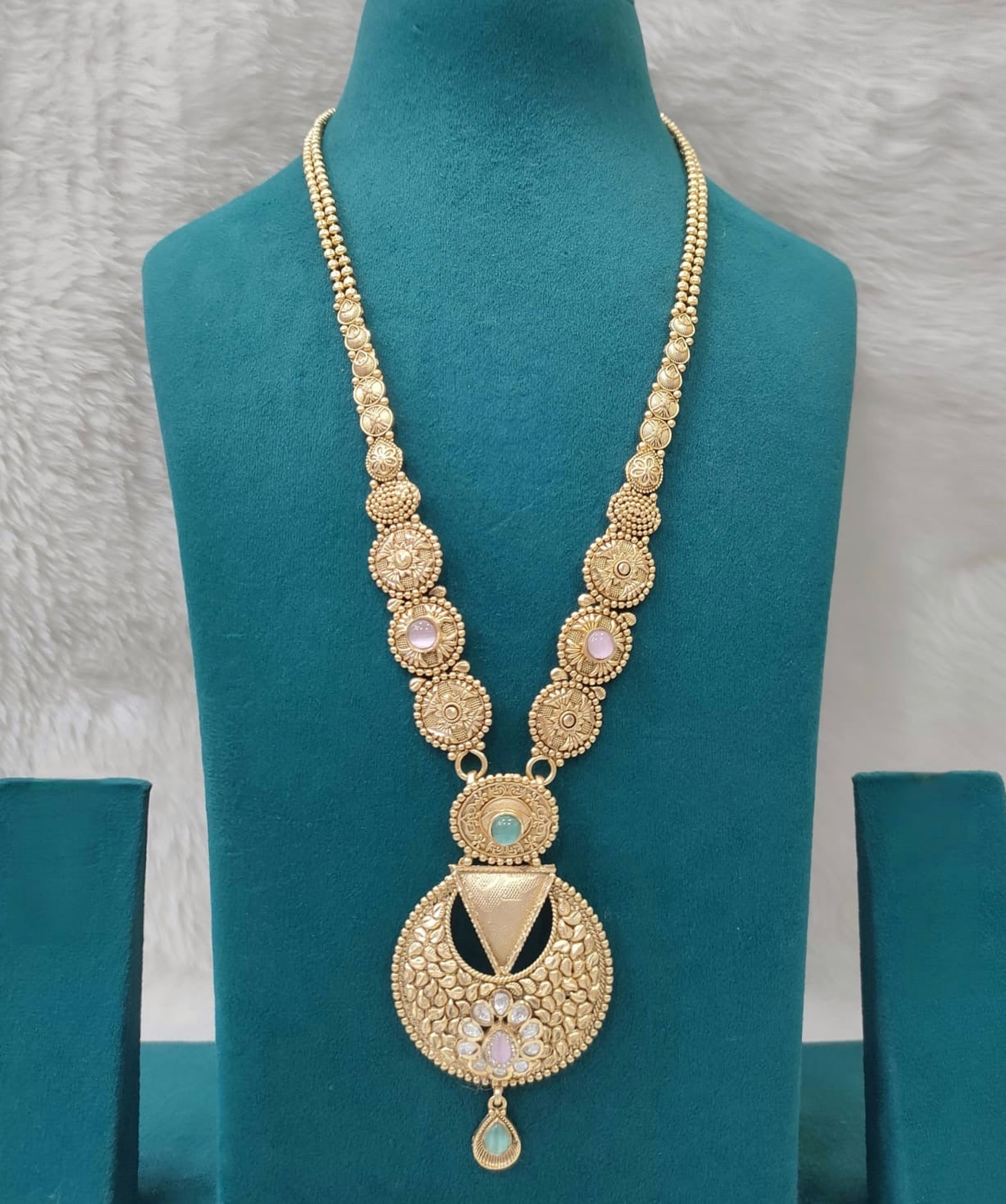 Antique Pastel Stone Medallion Long Necklace
