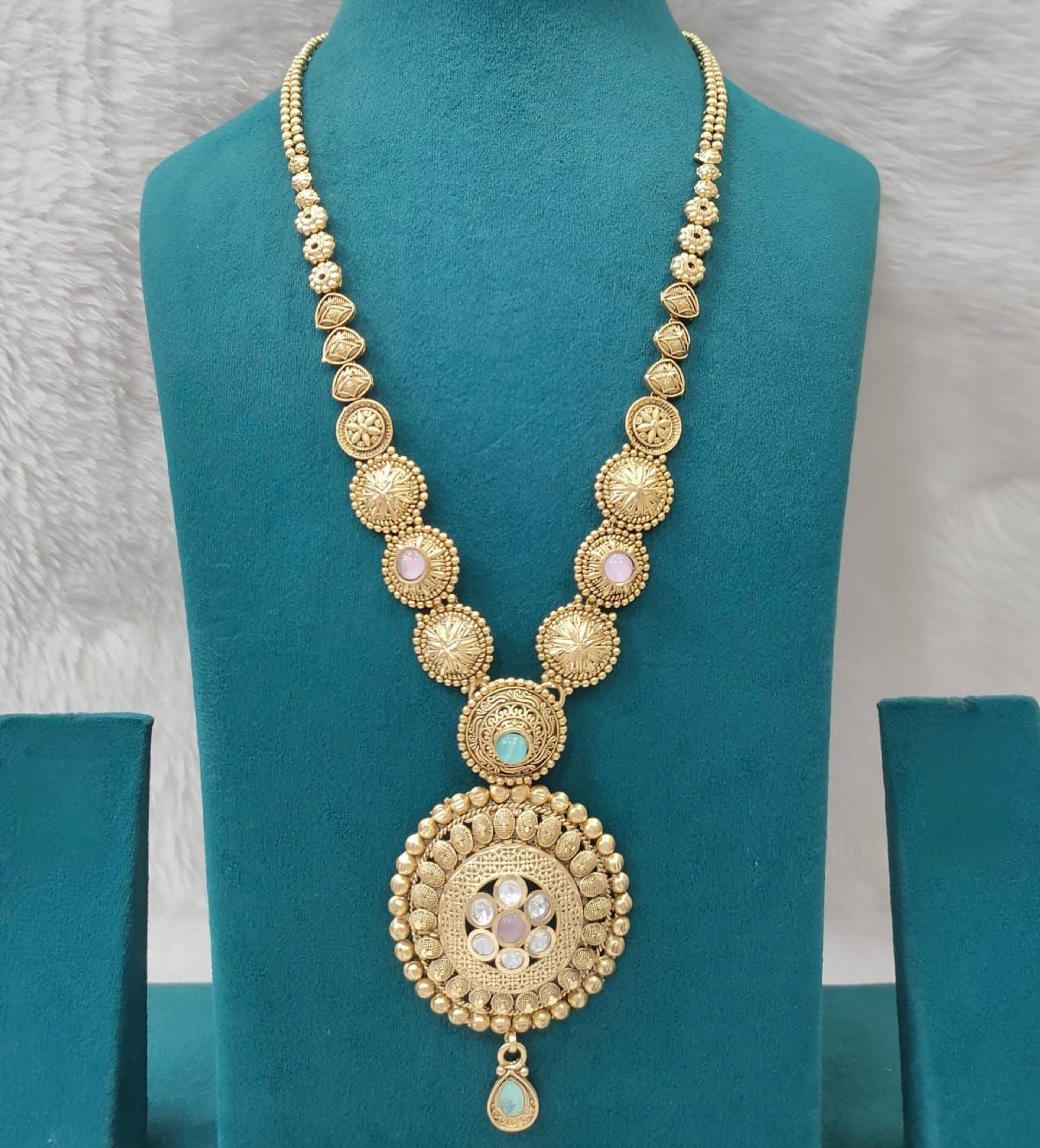 Antique Long Chain with Pink and Aqua Pendant