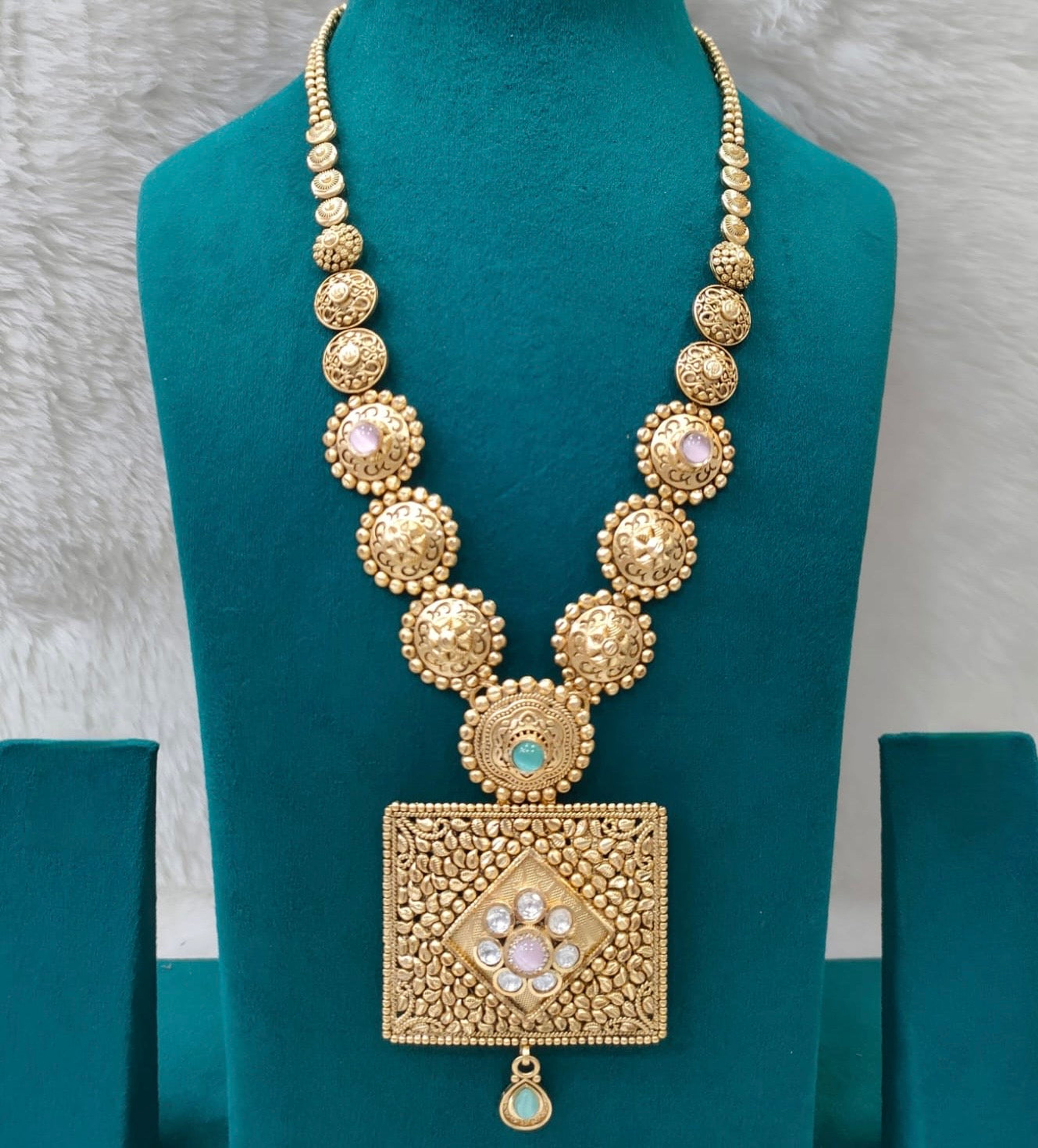 Antique Square Floral Pendant Long Necklace