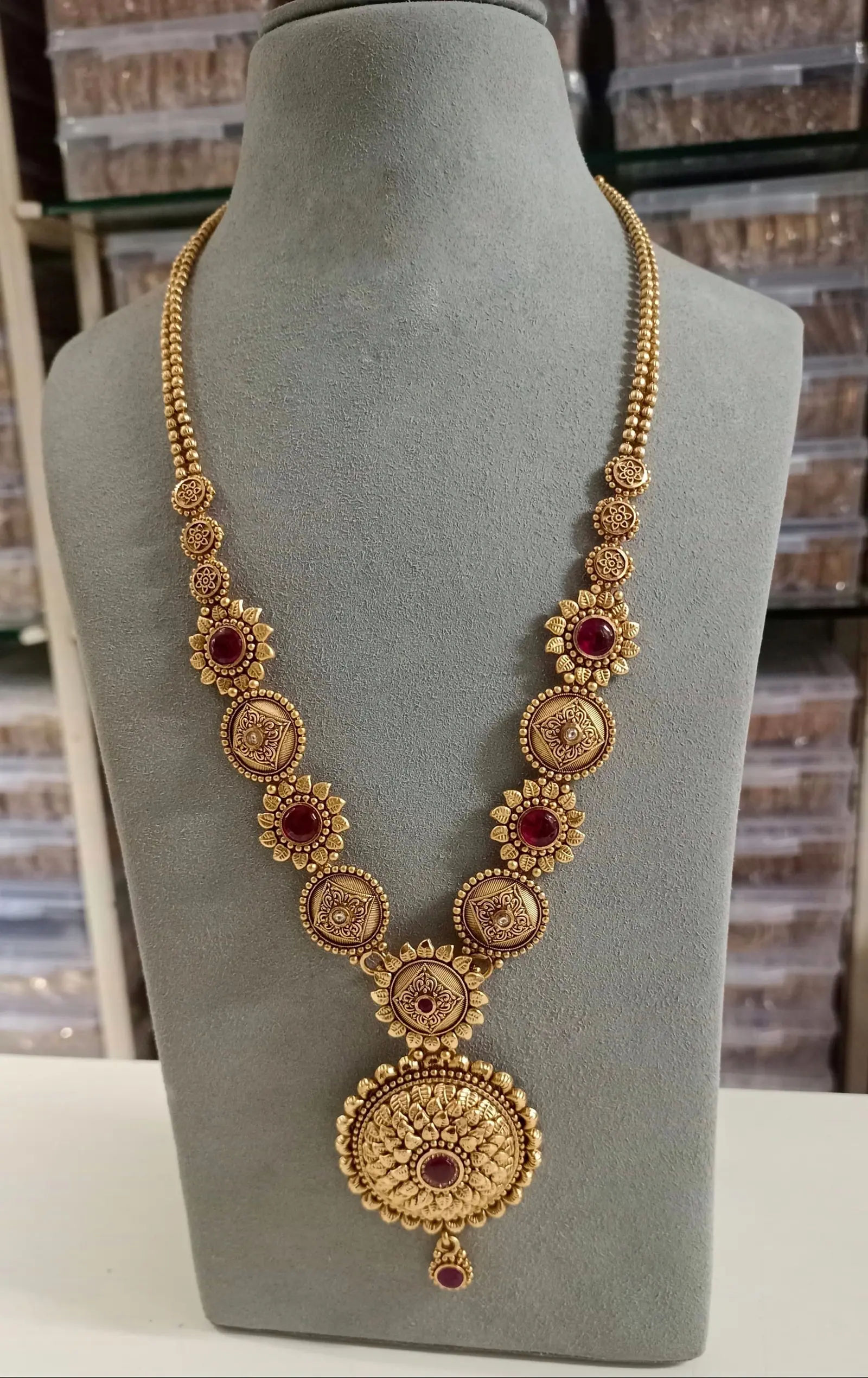 Antique Red Stone Floral Long Necklace