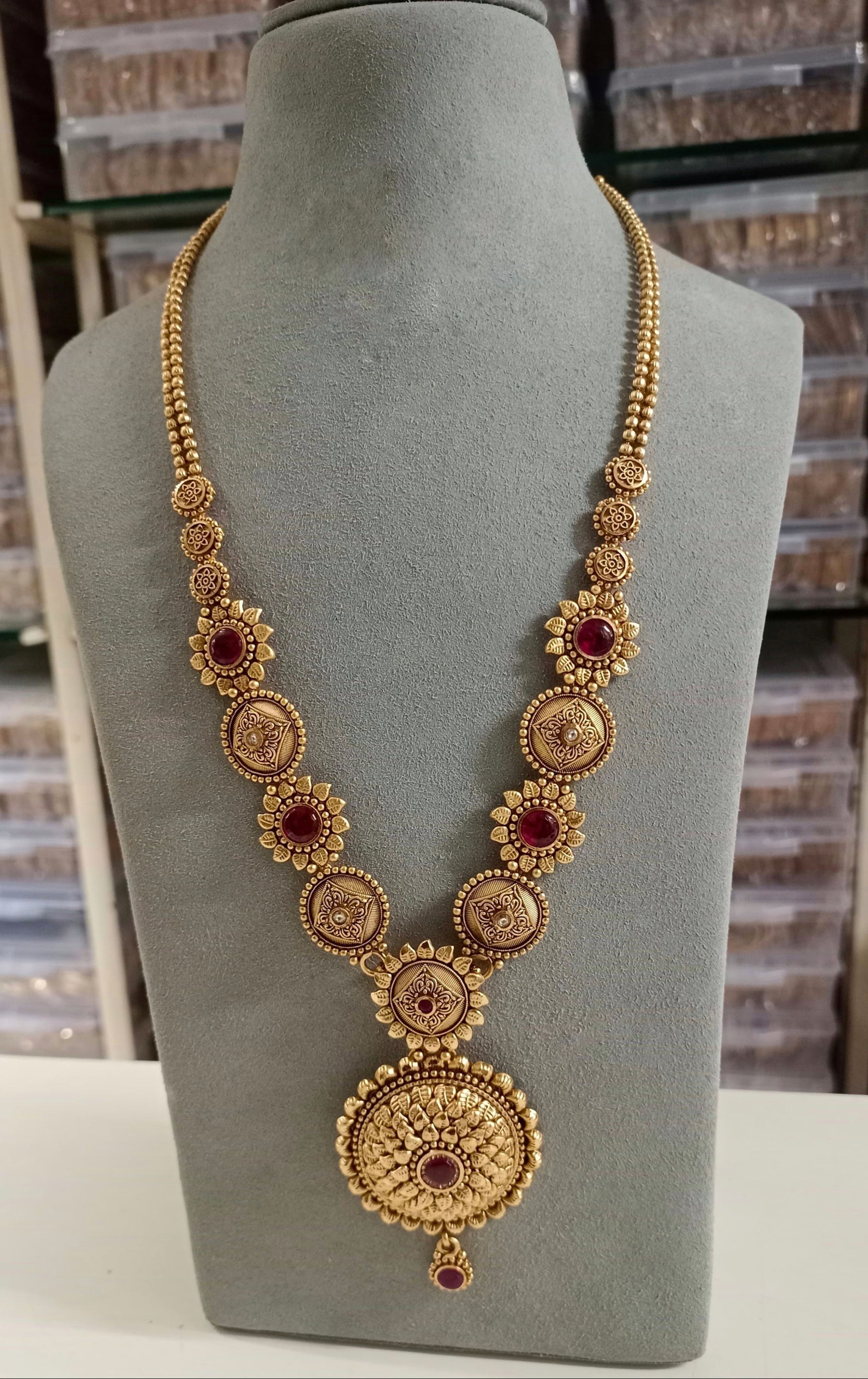 Antique Red Stone Floral Long Necklace