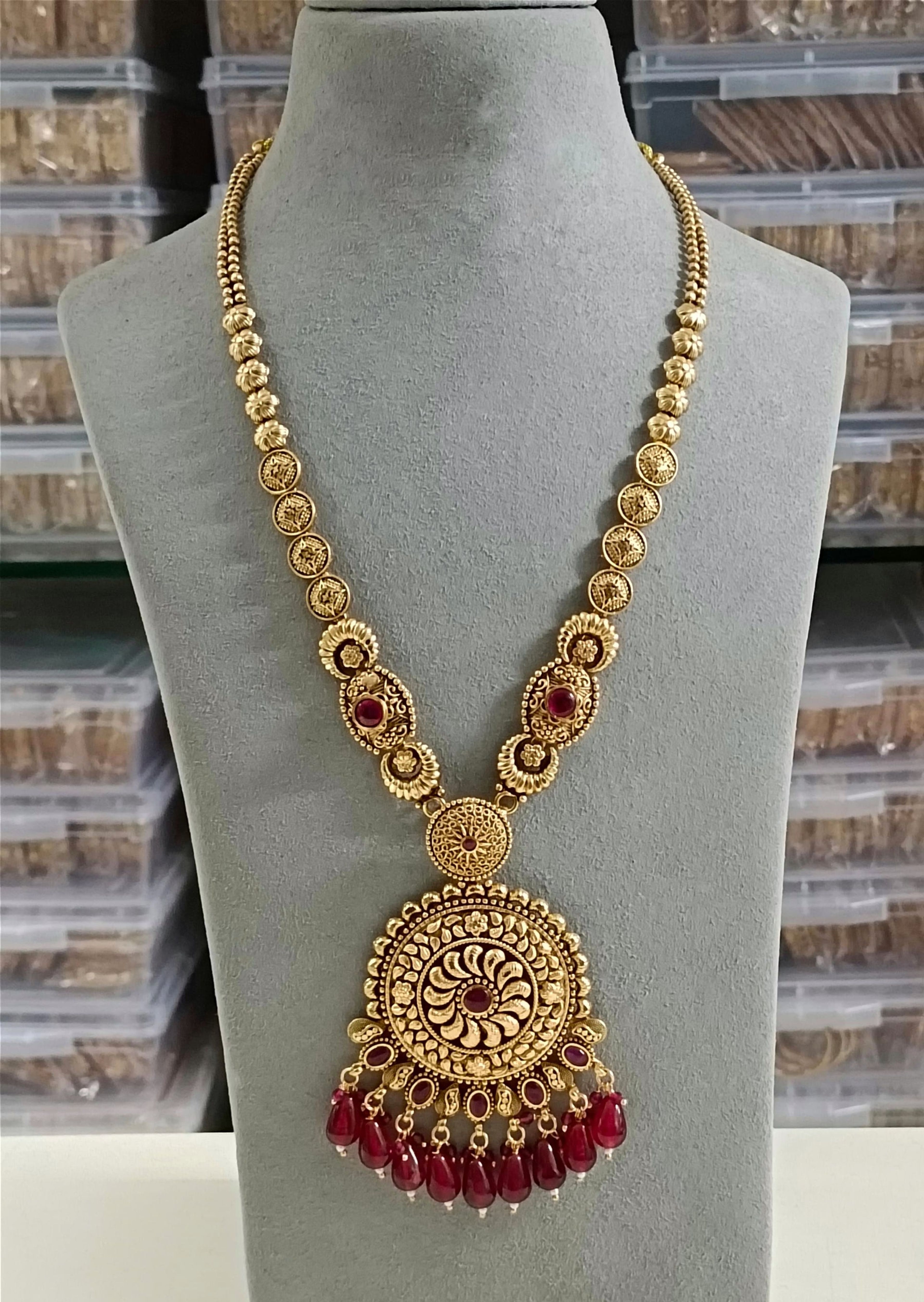 Antique Floral Red Bead Long Necklace