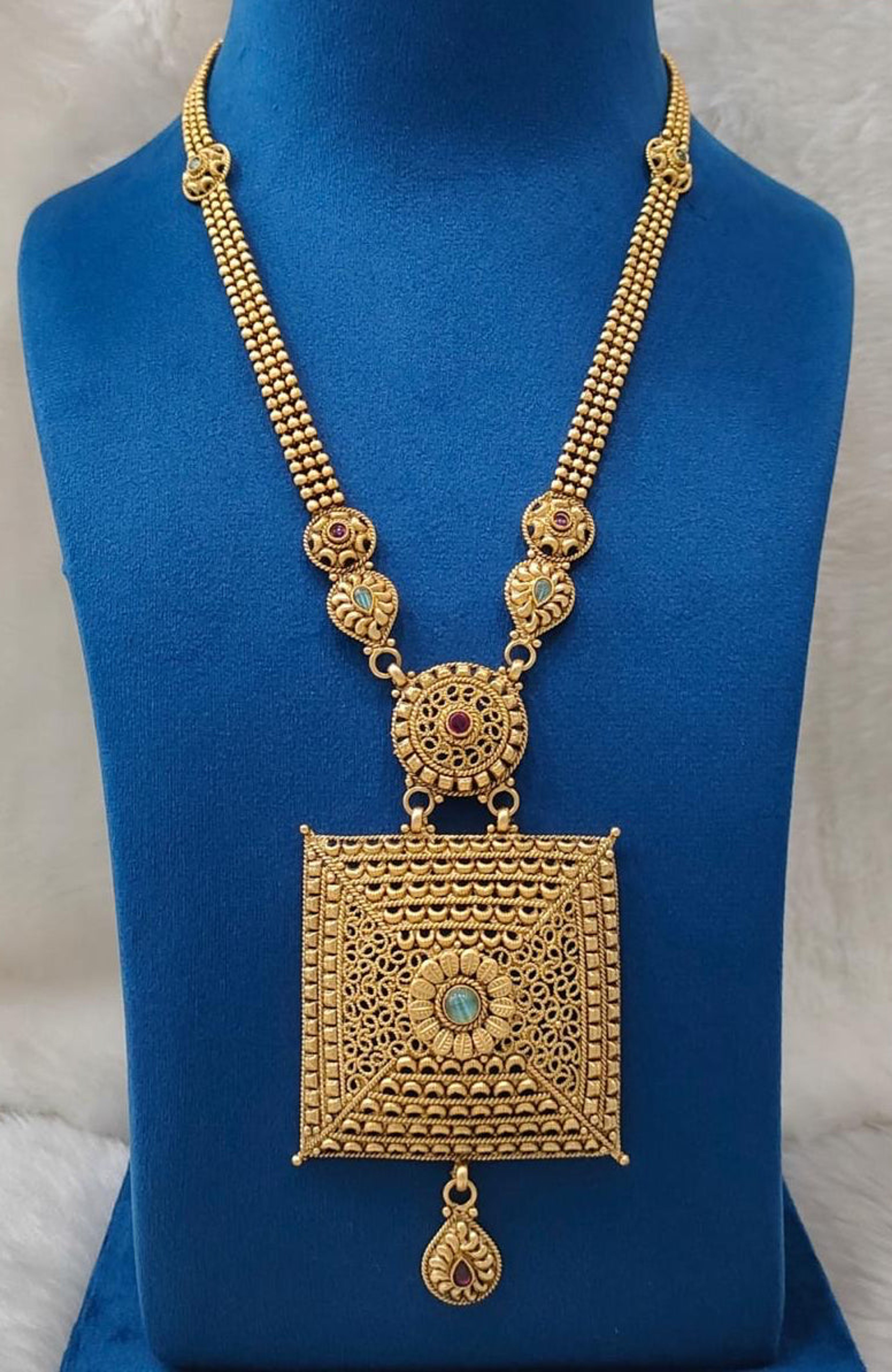 Antique Floral Square Pendant Long Necklace