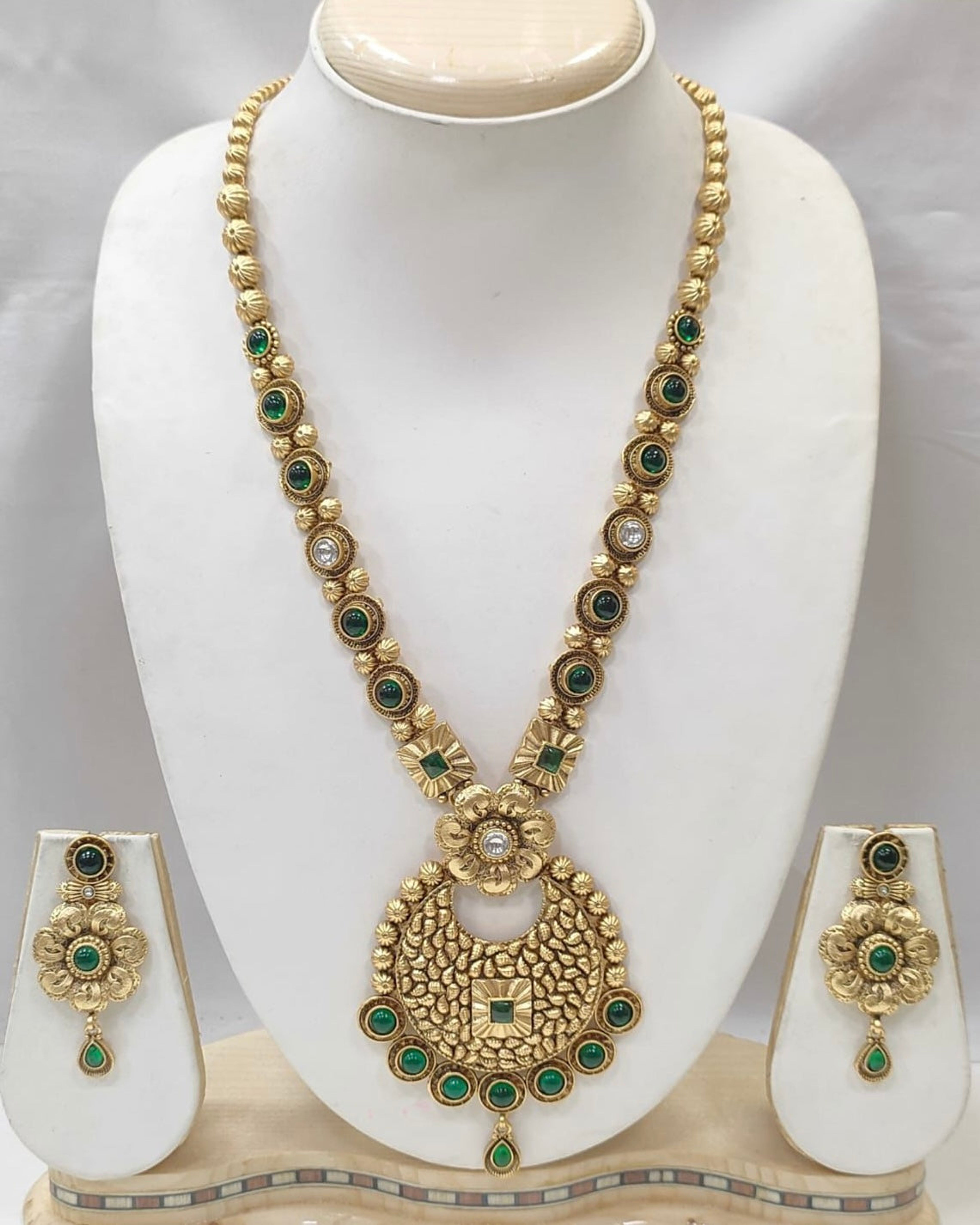 Antique Green Stone Crescent Long Necklace with Earrings
