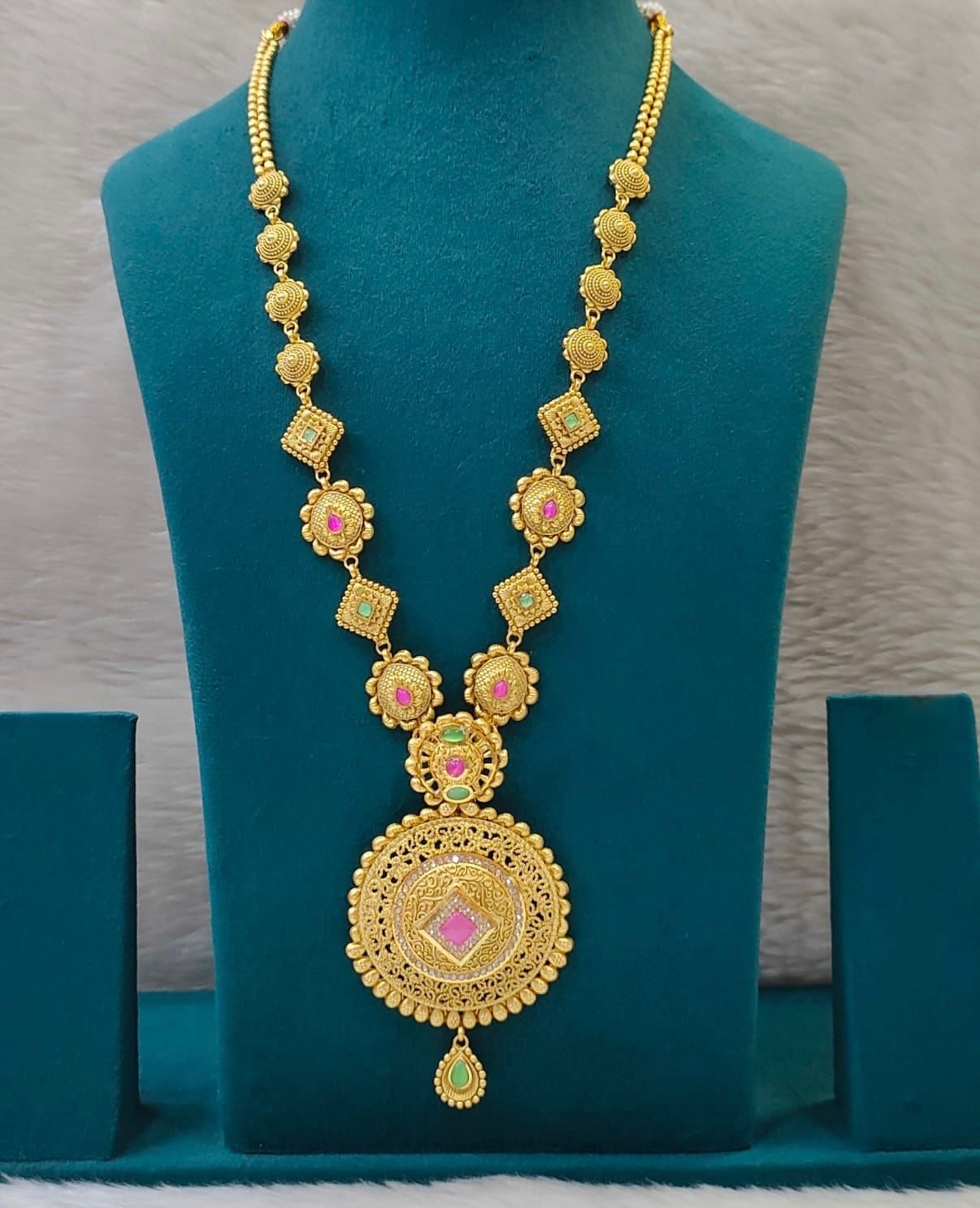 Antique Pink Stone Medallion Long Necklace