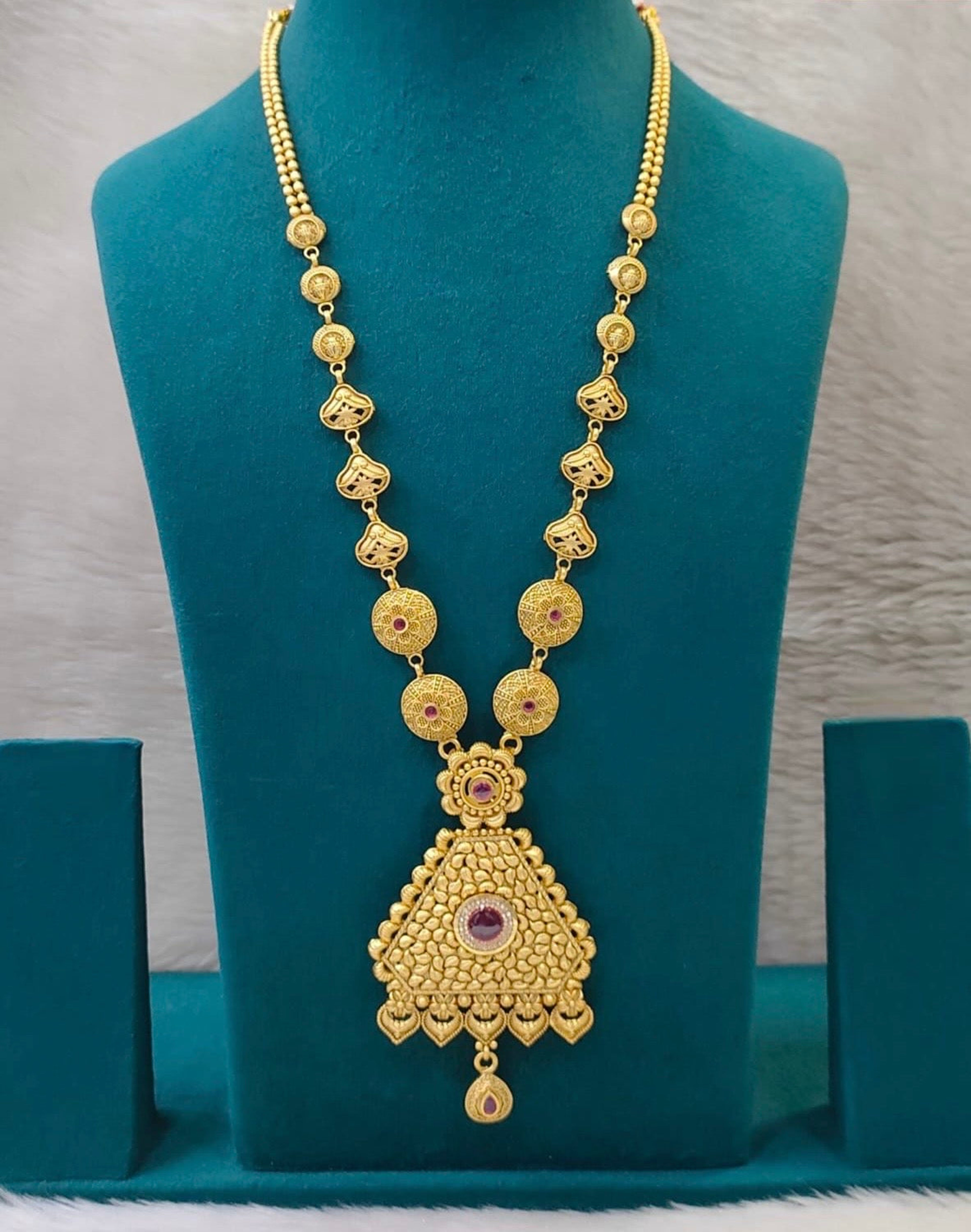 Antique Triangular Pendant Red Stone Long Necklace