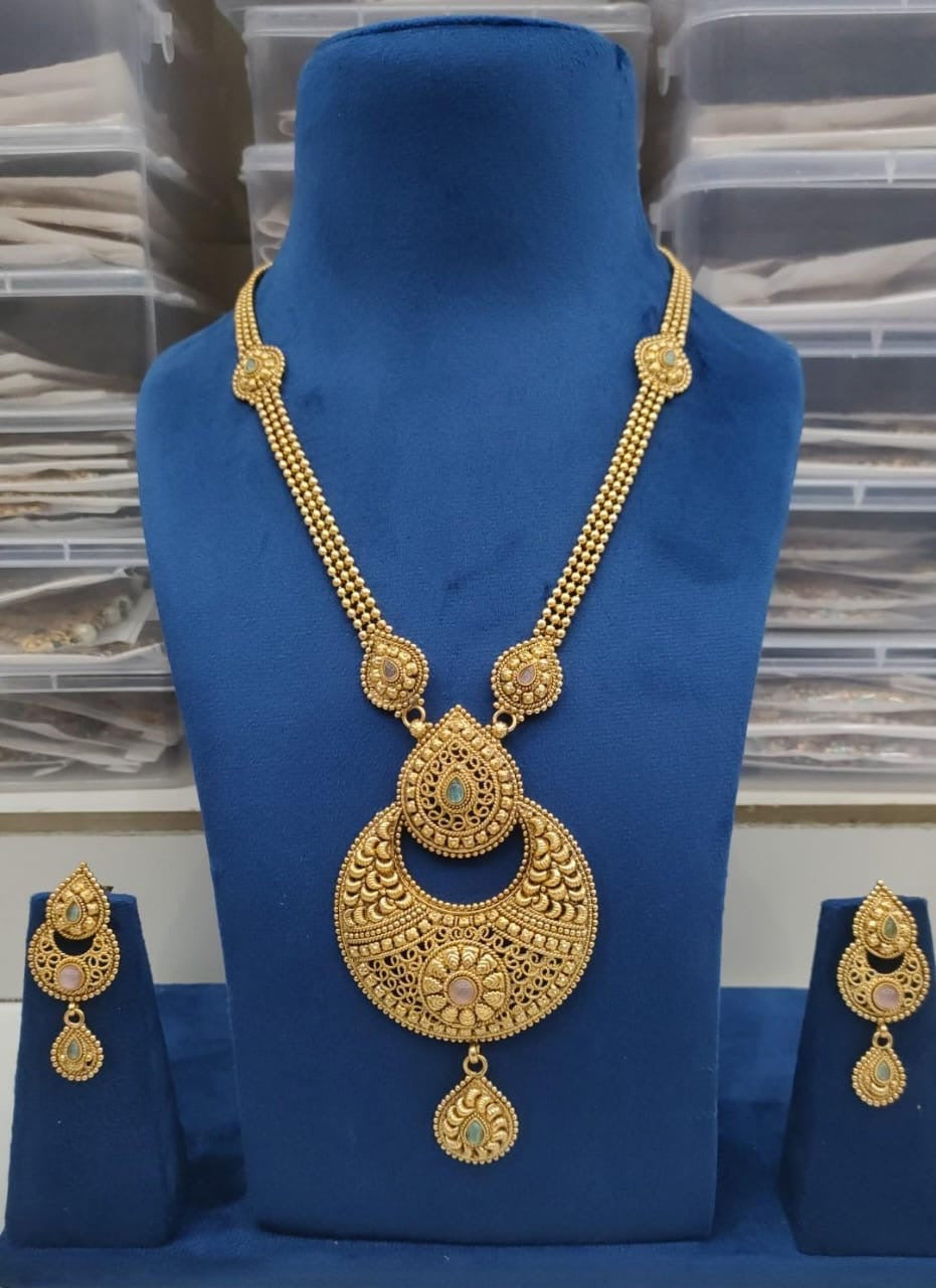 Antique Floral Crescent Long Necklace with Earrings