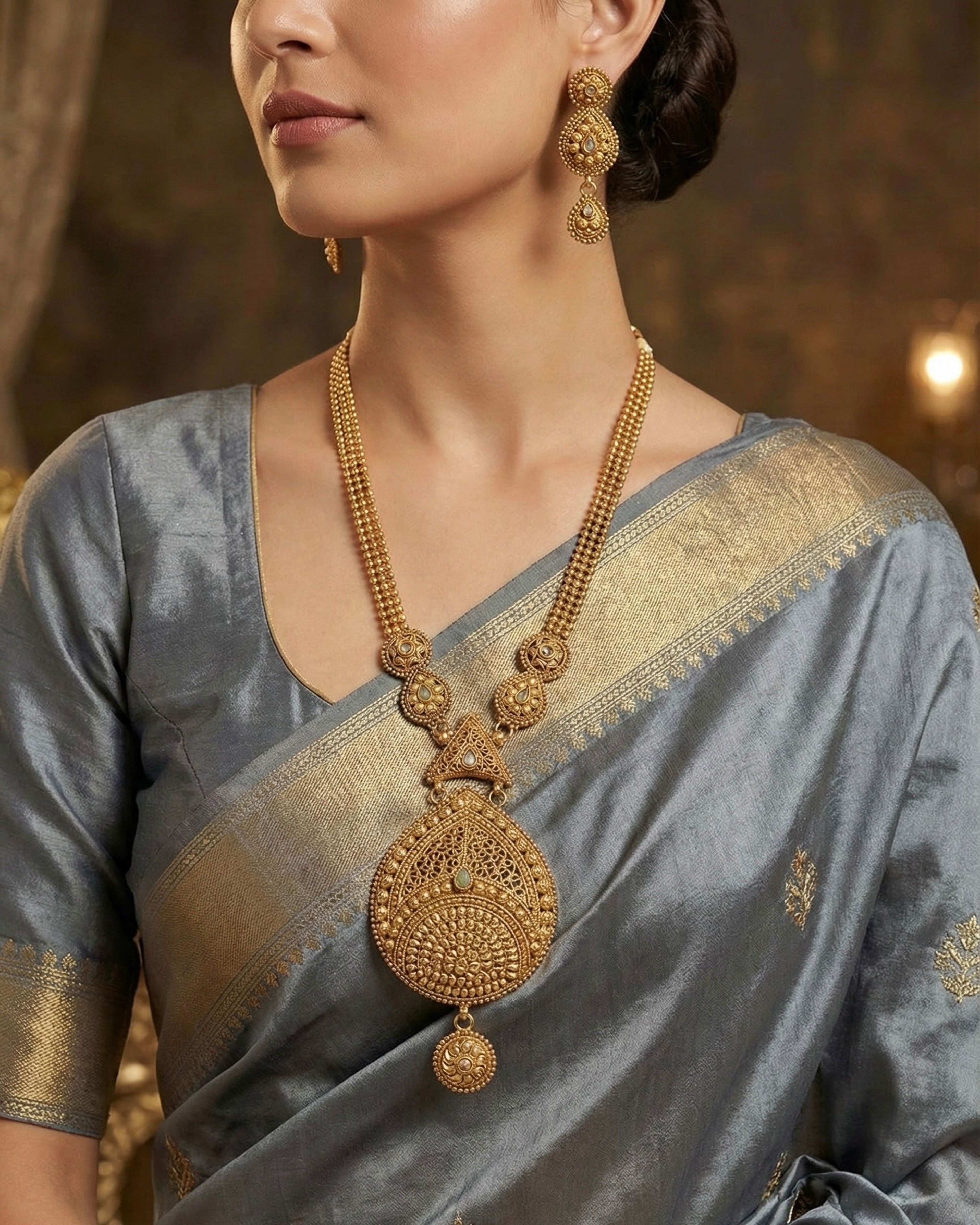 Antique Filigree Long Necklace with Earrings