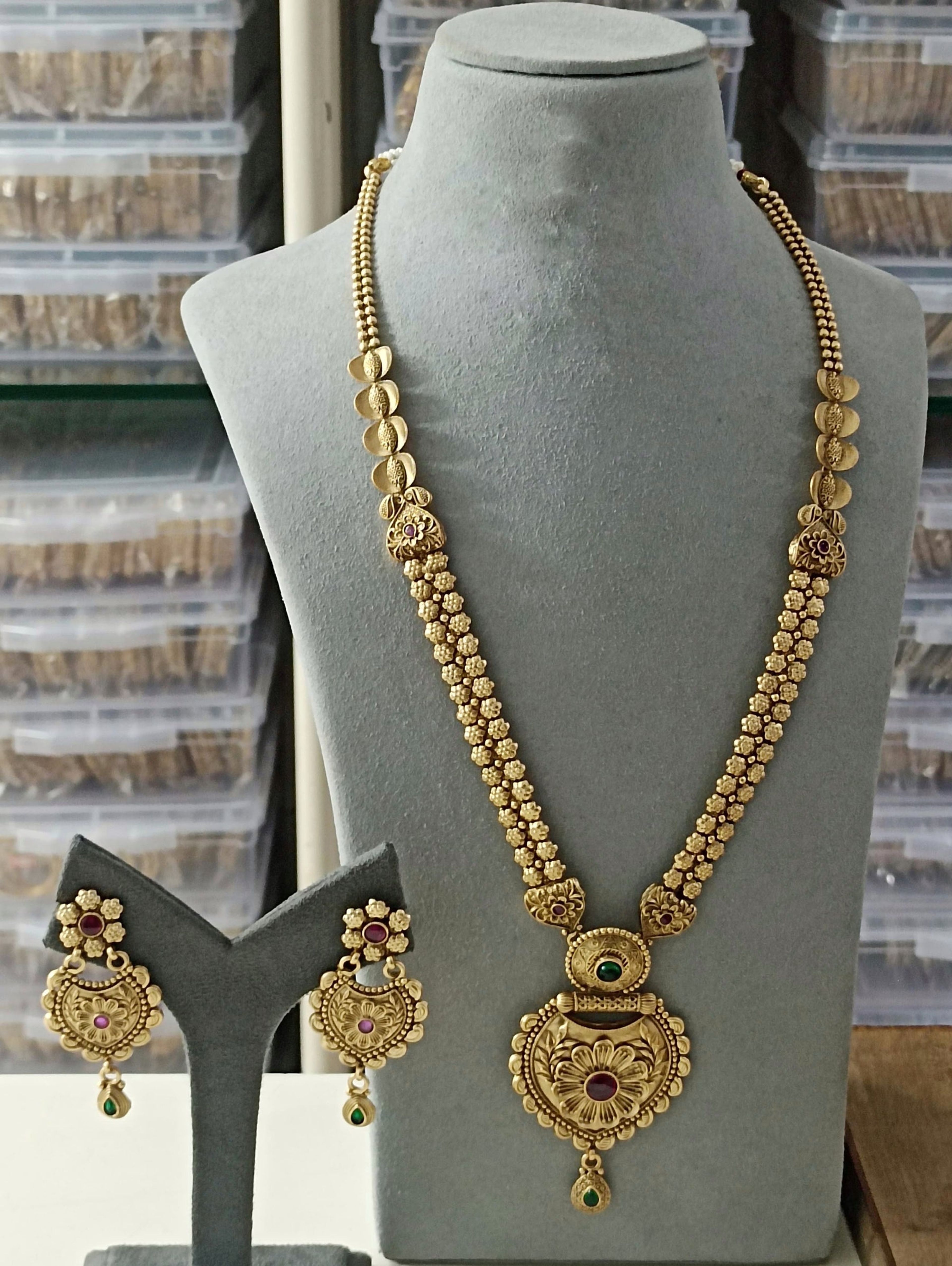 Antique Floral Long Necklace with Earrings