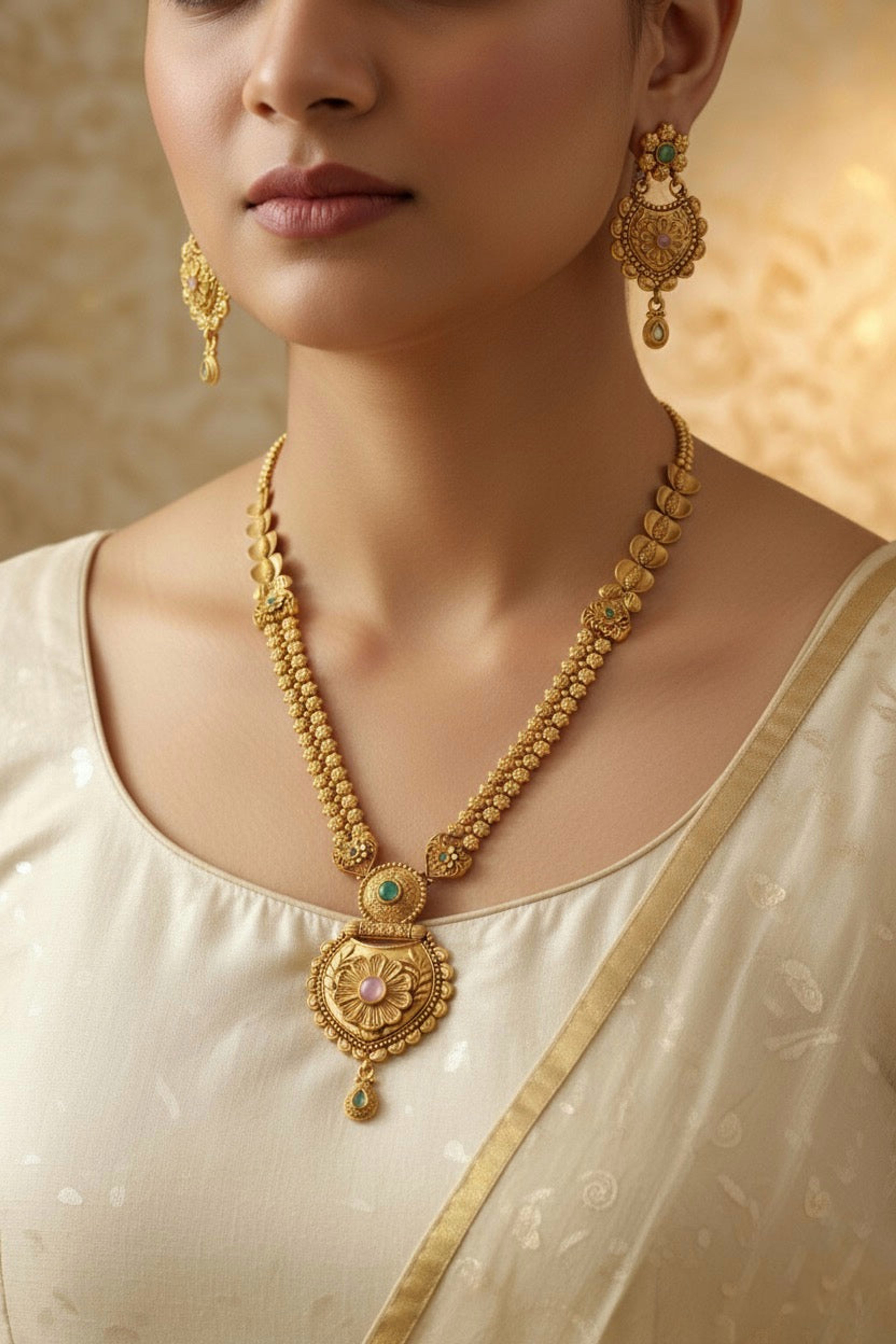 Antique Floral Medallion Long Necklace with Earrings