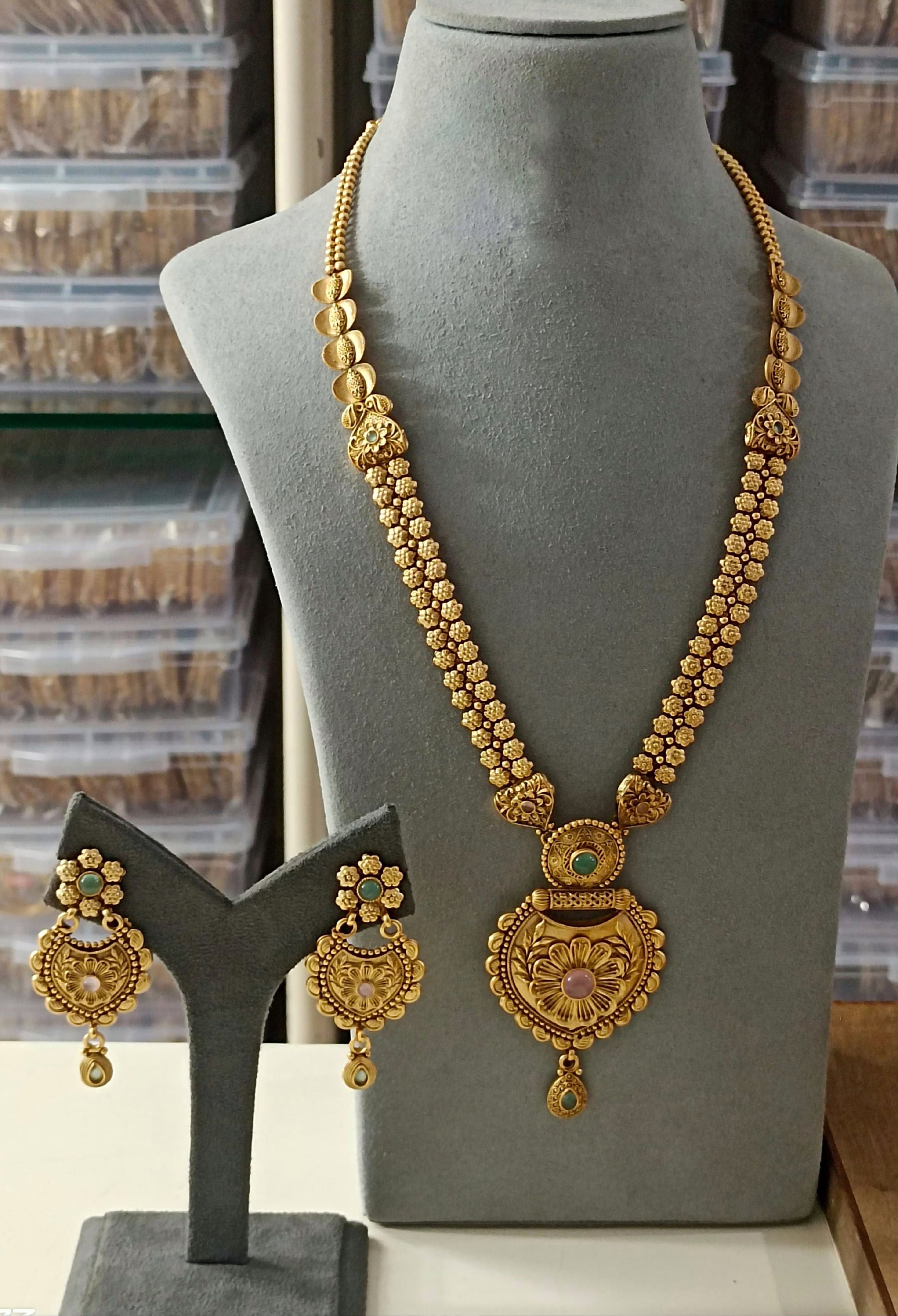 Antique Floral Medallion Long Necklace with Earrings