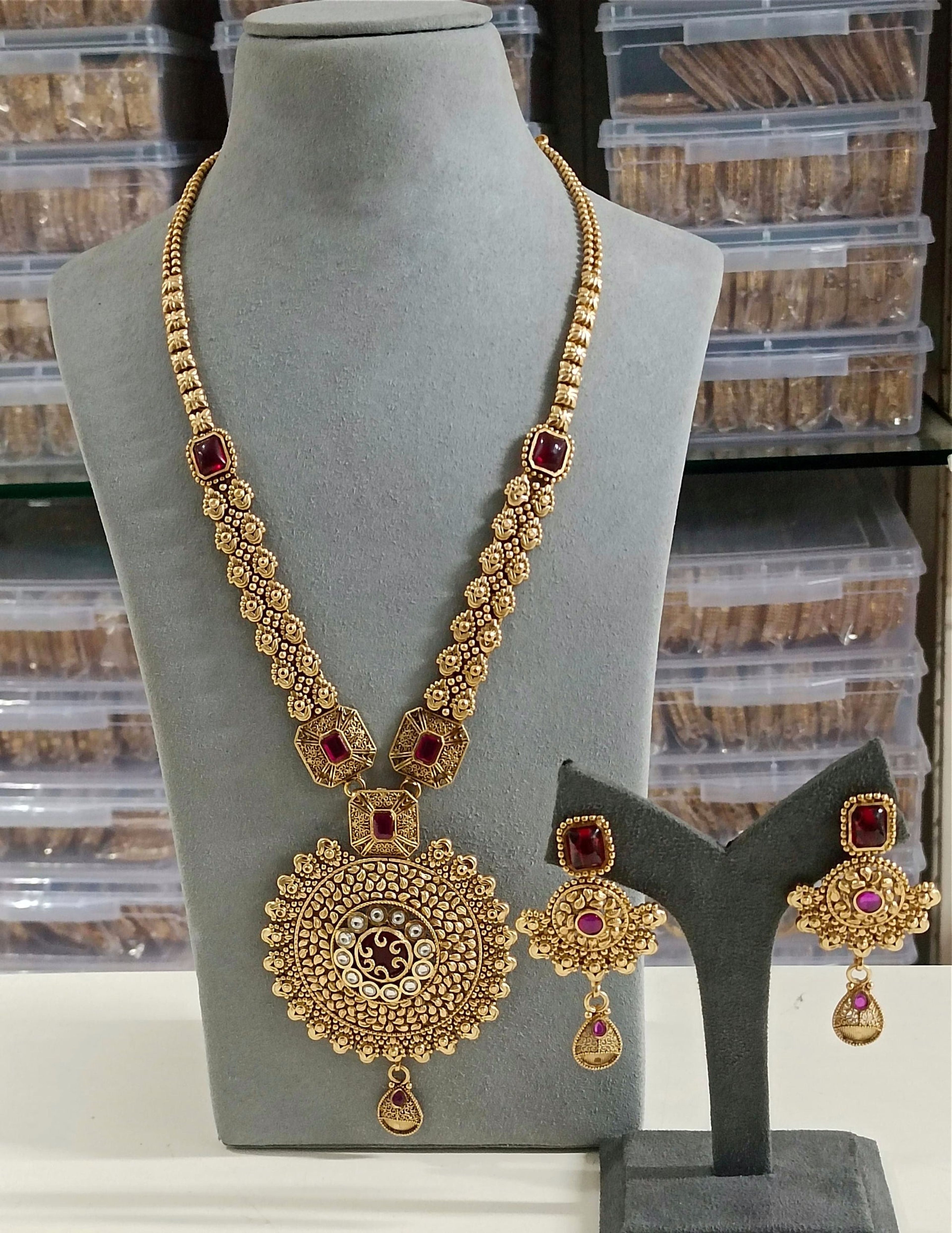 Antique Floral Red Stone Long Necklace with Earrings