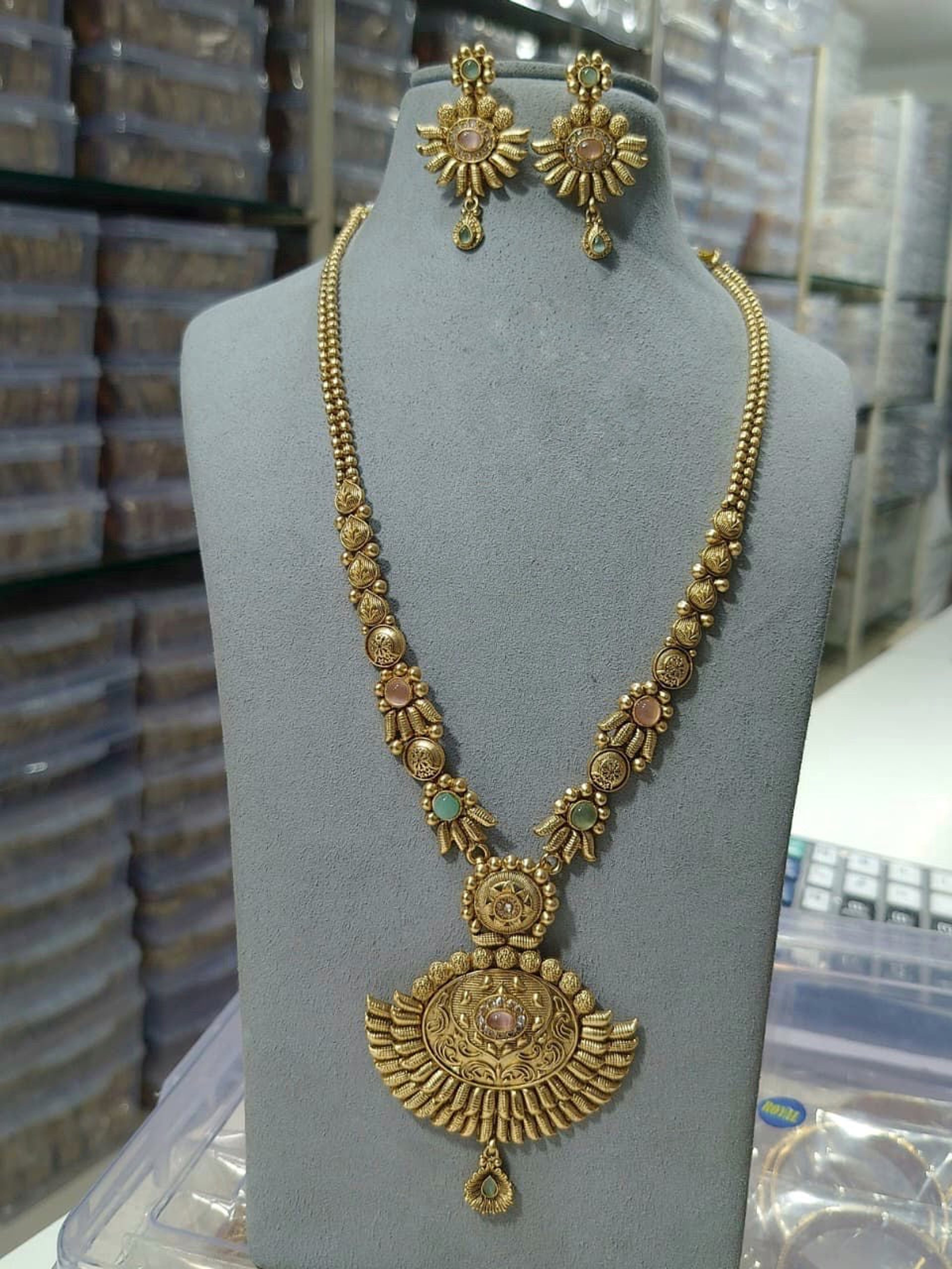 Antique Sunburst Long Necklace with Earrings