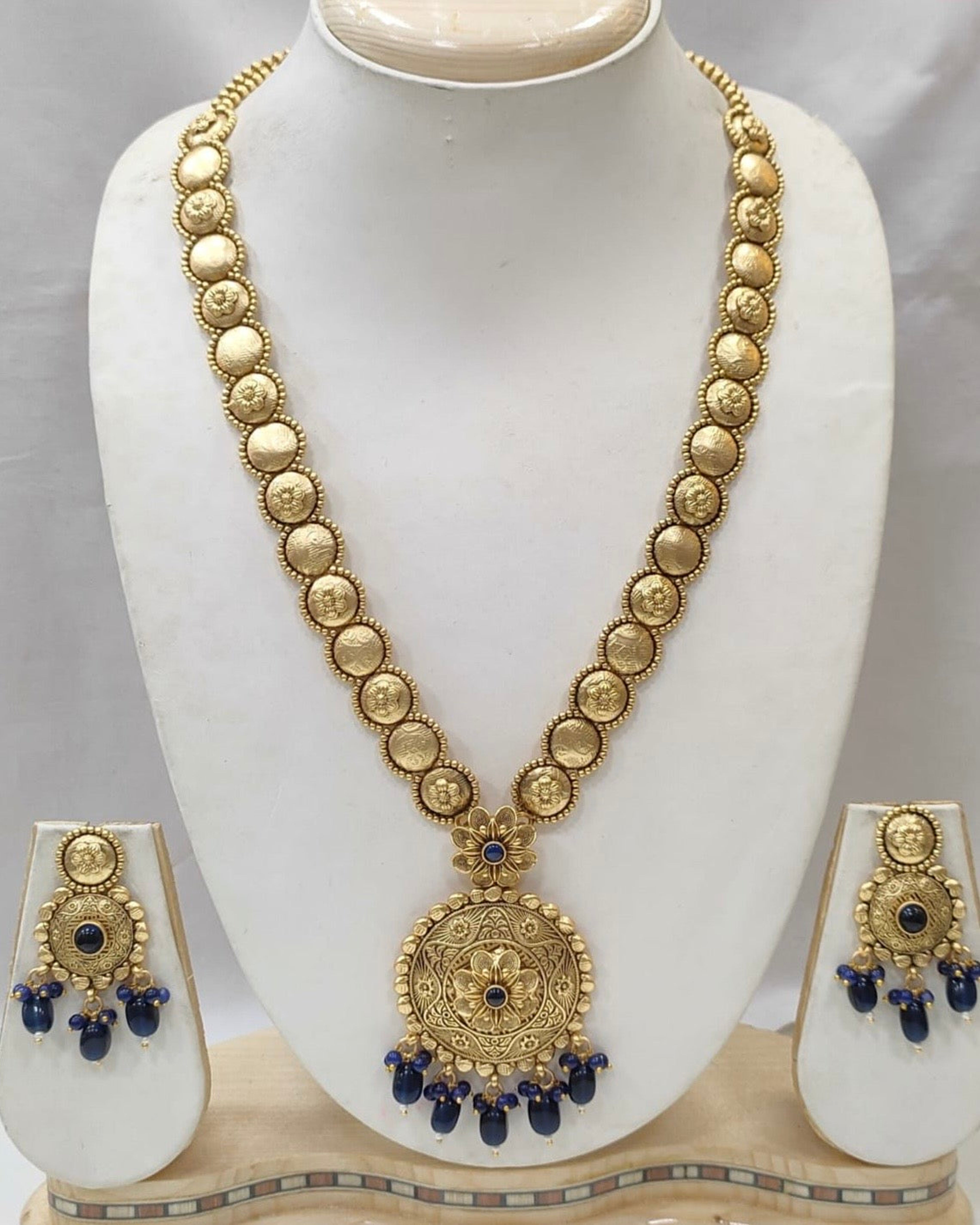 Antique Blue Bead Coin Long Necklace with Earrings